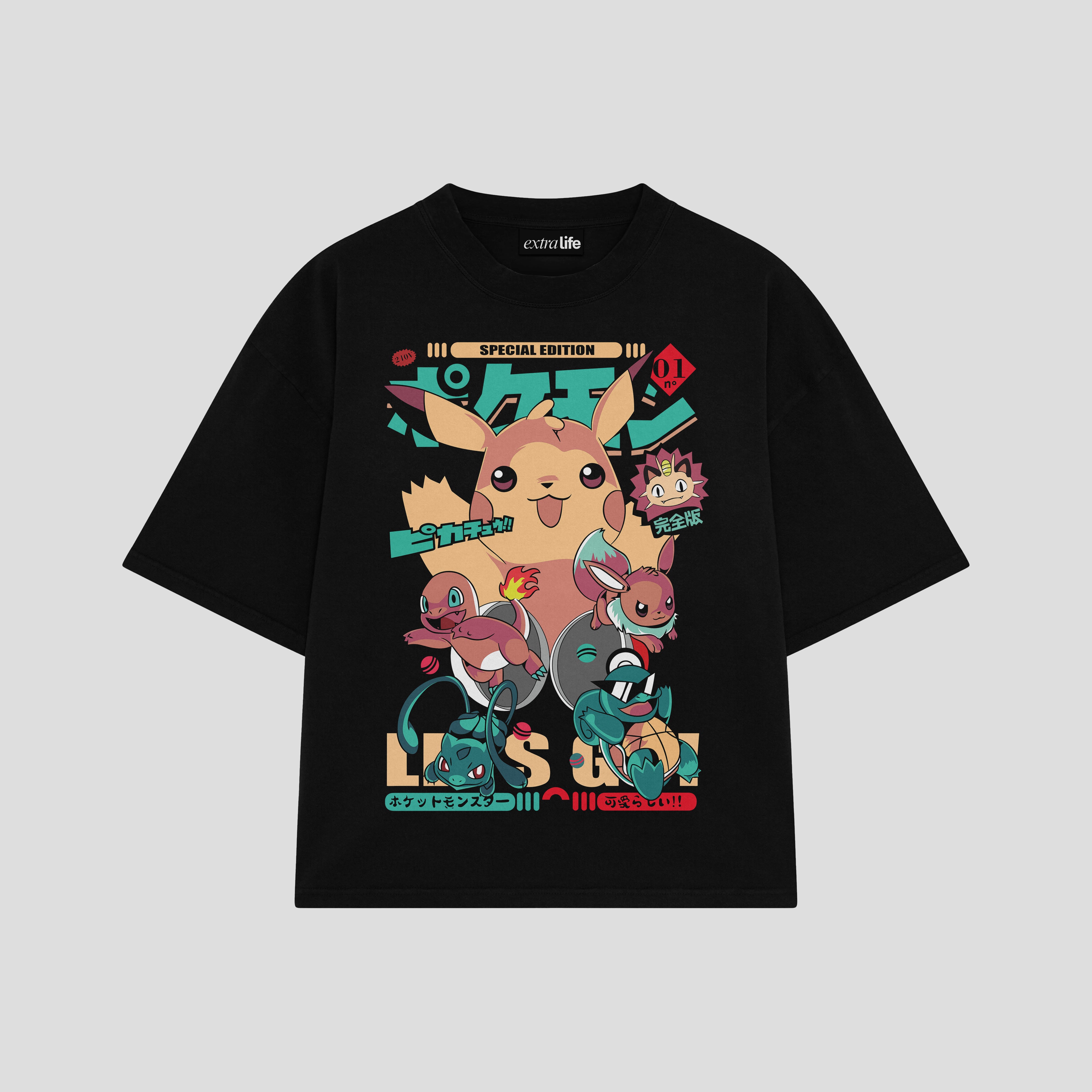 Playera streetwear premium de anime y gaming ExtraLife MX, corte boxy oversized drop shoulder heavyweight en color Deep Black y Off-White, moda urbana mexicana de culto.