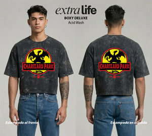 Playera streetwear premium de anime y gaming ExtraLife MX, corte boxy deluxe mineral wash heavyweight en color Acid Wash, moda urbana mexicana de culto.