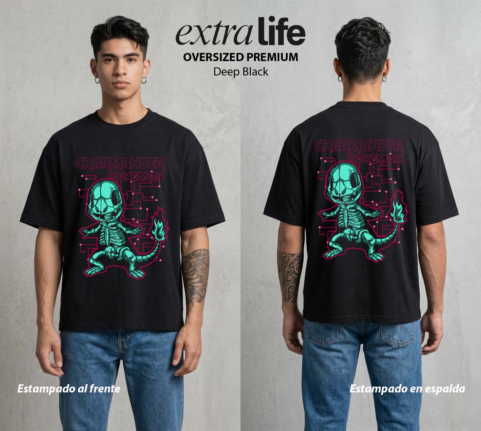 El Mundo Entrenador | Los Huesos del Fuego Rayos X #03477 - Playera Oversized Premium | Deep Black - Foto en modelo
