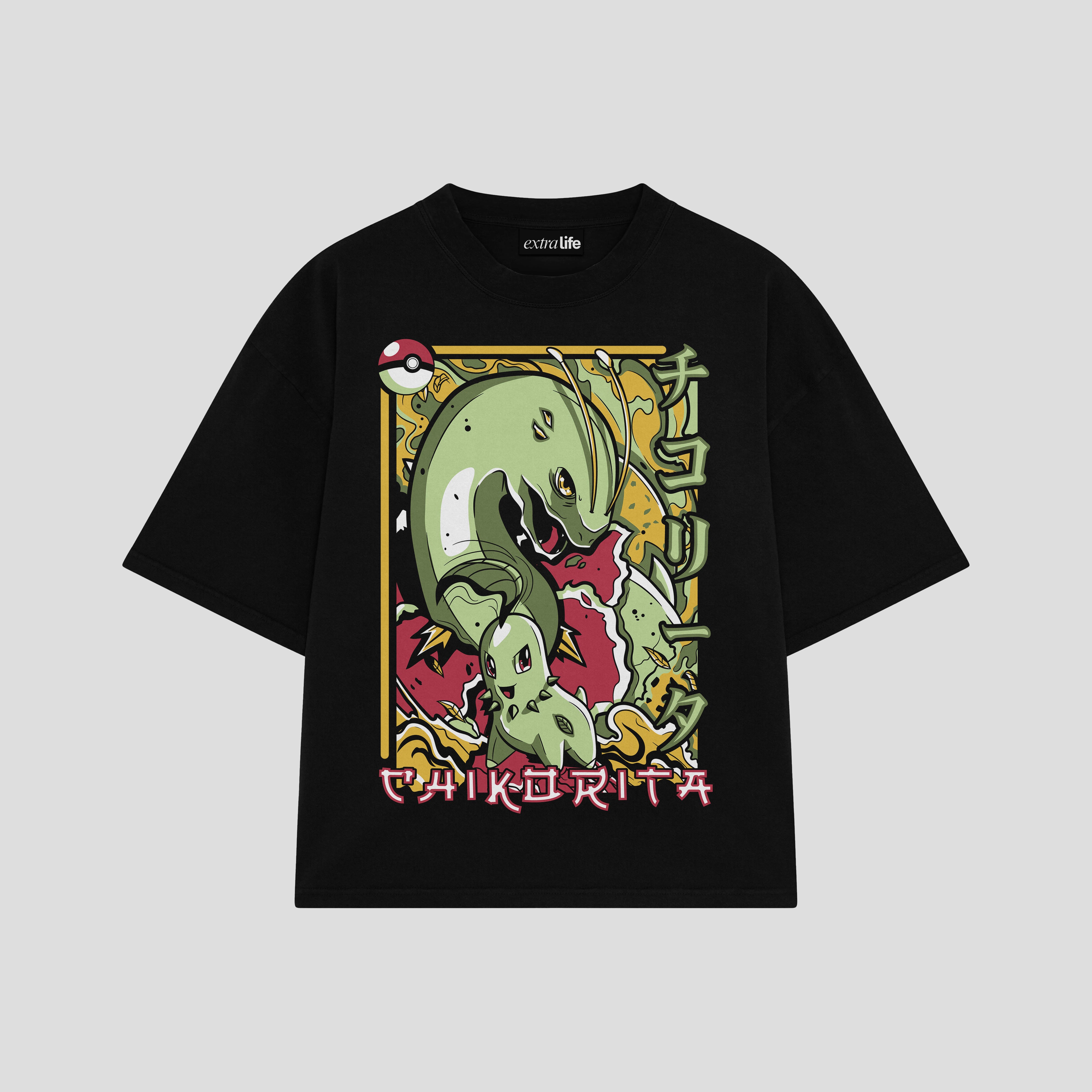 Playera streetwear premium de anime y gaming ExtraLife MX, corte boxy oversized drop shoulder heavyweight en color Deep Black y Off-White, moda urbana mexicana de culto.