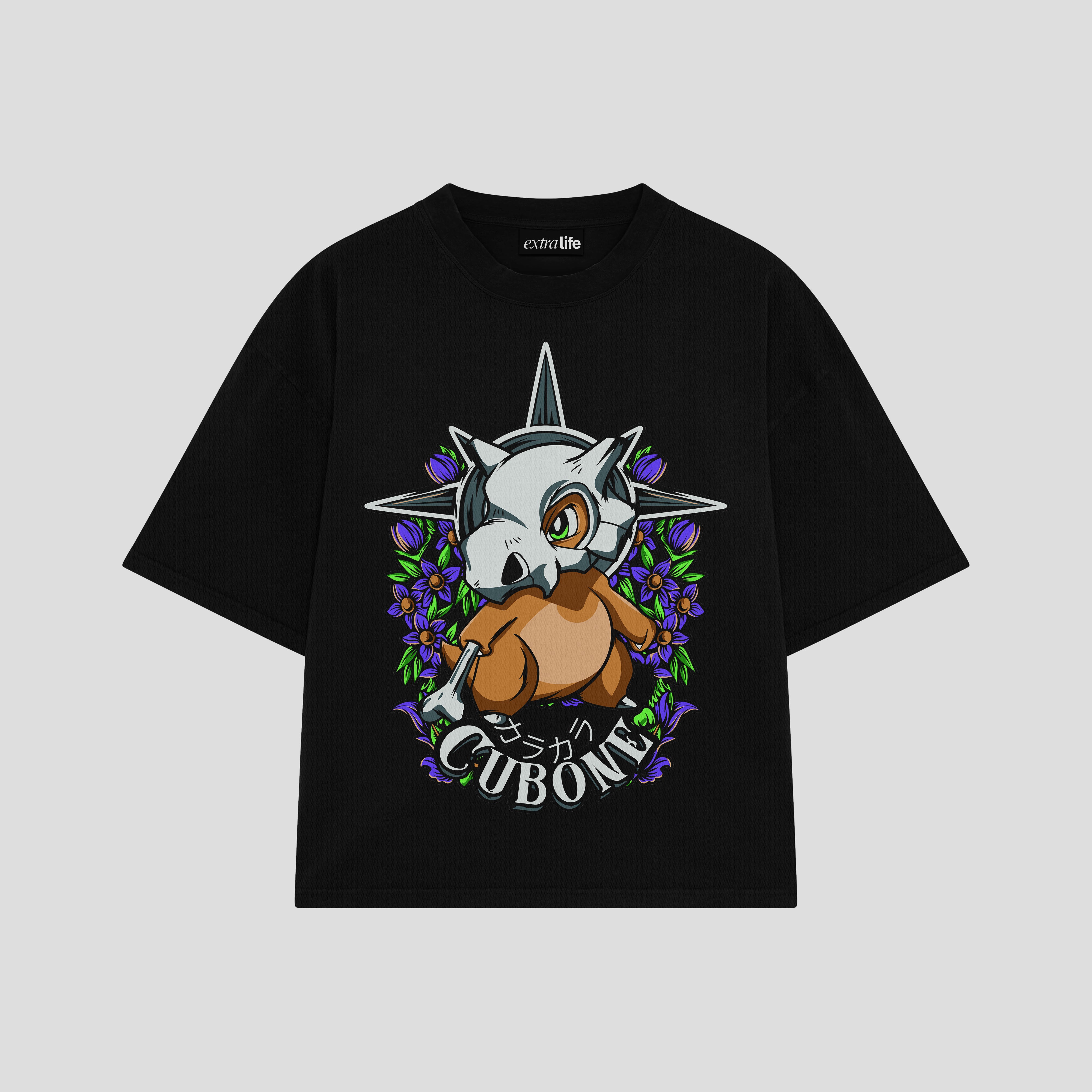 Playera streetwear premium de anime y gaming ExtraLife MX, corte boxy oversized drop shoulder heavyweight en color Deep Black y Off-White, moda urbana mexicana de culto.