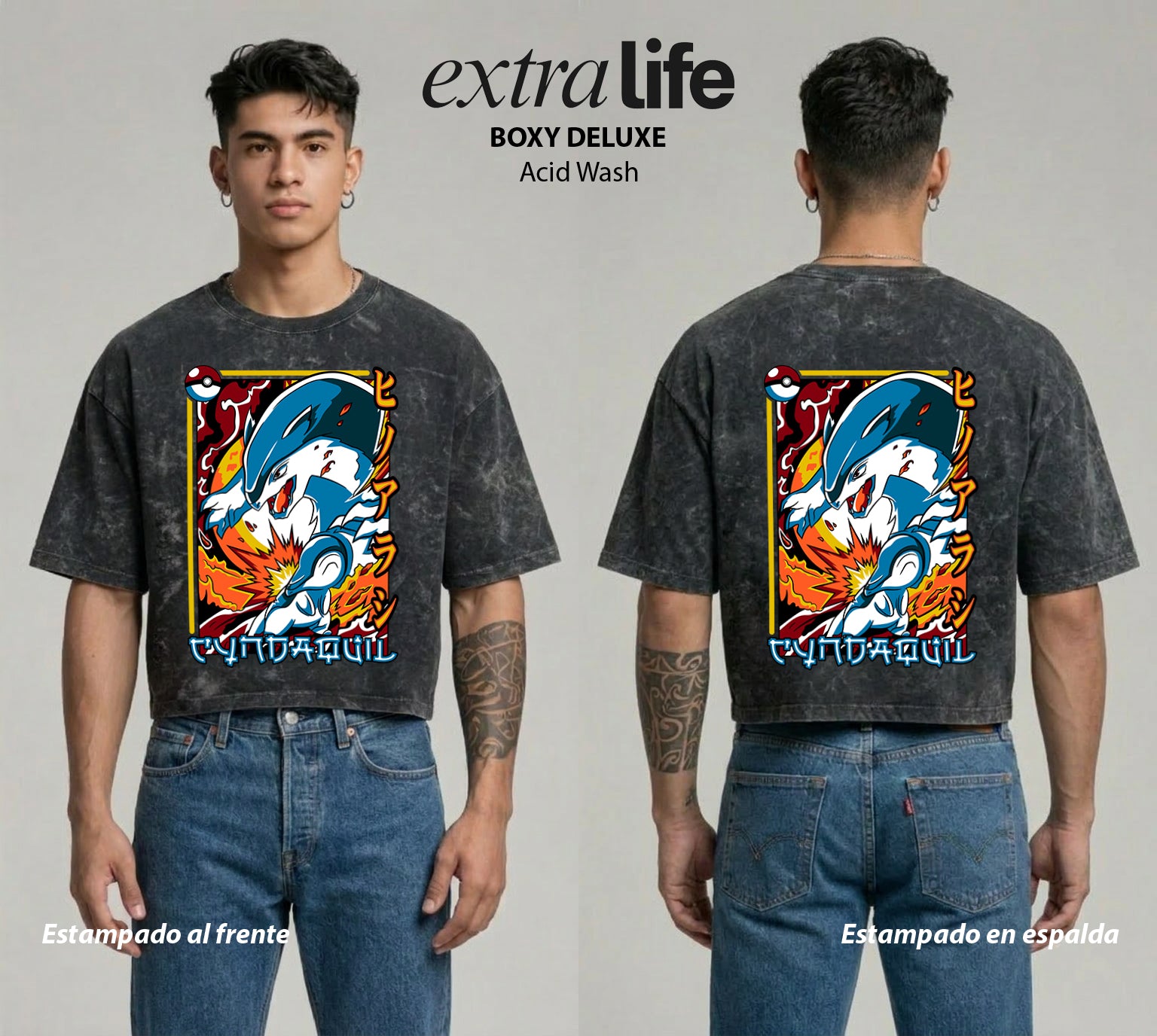 Playera streetwear premium de anime y gaming ExtraLife MX, corte boxy deluxe mineral wash heavyweight en color Acid Wash, moda urbana mexicana de culto.