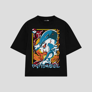 Playera streetwear premium de anime y gaming ExtraLife MX, corte boxy oversized drop shoulder heavyweight en color Deep Black y Off-White, moda urbana mexicana de culto.