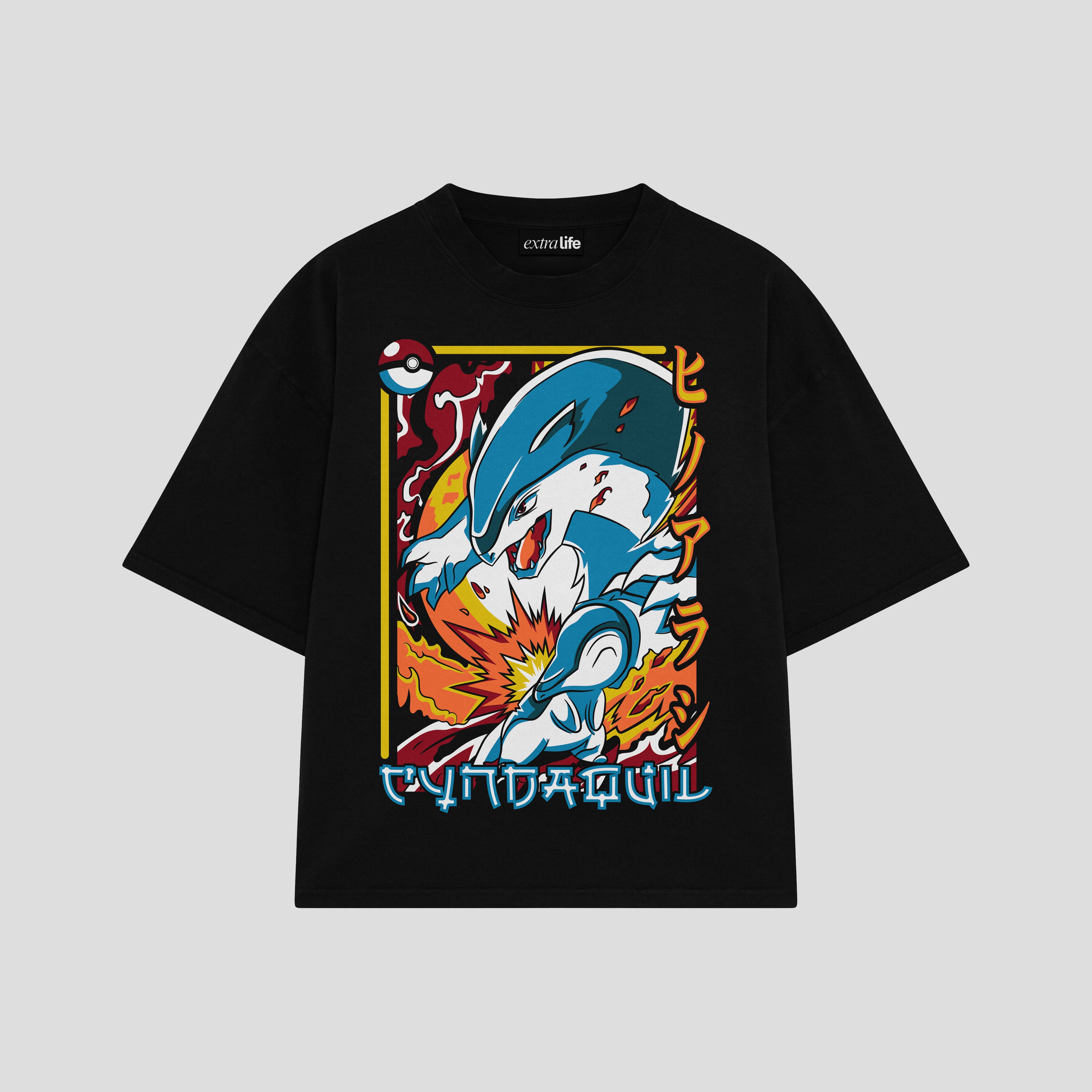 Playera streetwear premium de anime y gaming ExtraLife MX, corte boxy oversized drop shoulder heavyweight en color Deep Black y Off-White, moda urbana mexicana de culto.