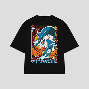Playera streetwear premium de anime y gaming ExtraLife MX, corte boxy oversized drop shoulder heavyweight en color Deep Black y Off-White, moda urbana mexicana de culto.