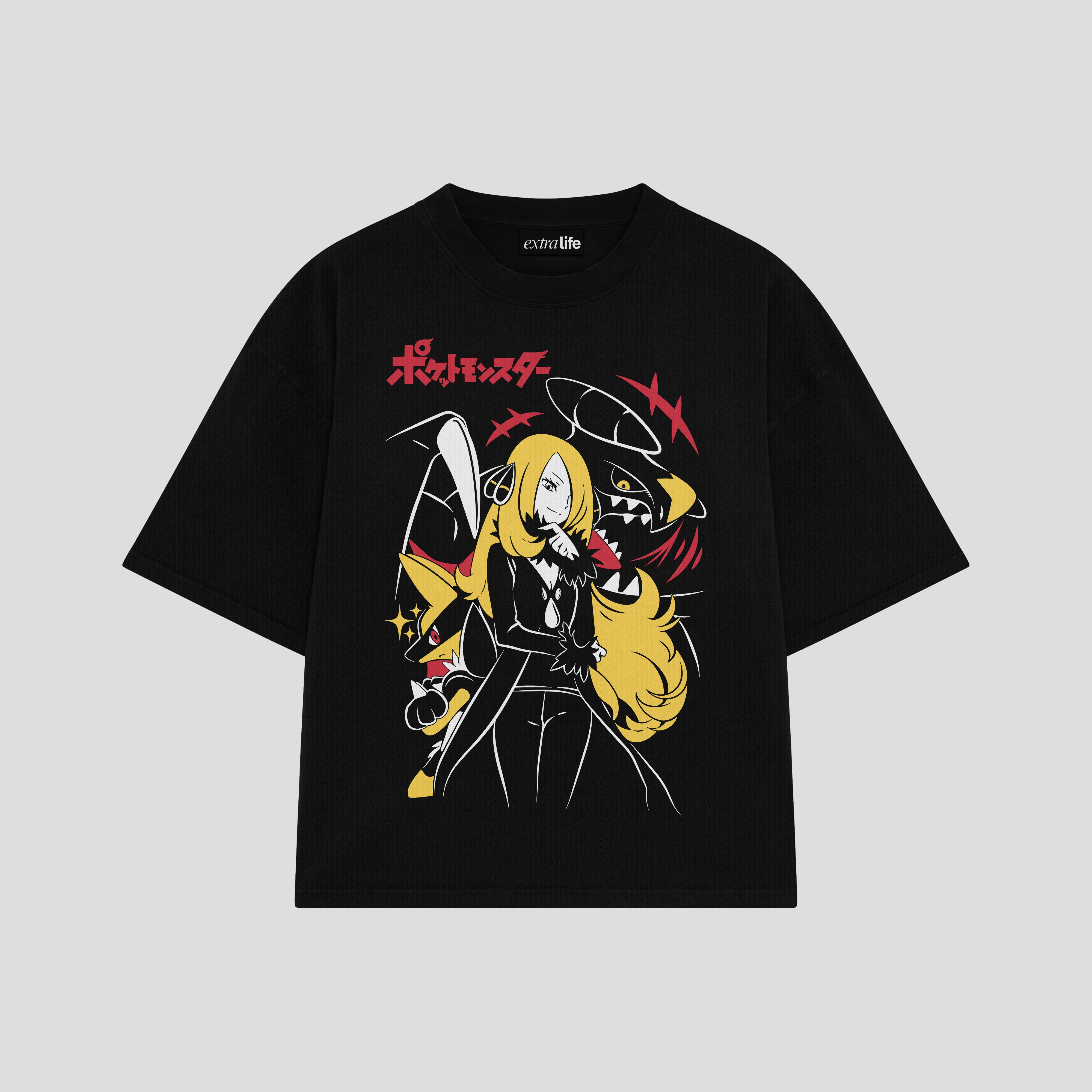 Playera streetwear premium de anime y gaming ExtraLife MX, corte boxy oversized drop shoulder heavyweight en color Deep Black y Off-White, moda urbana mexicana de culto.