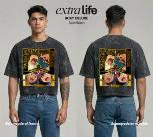 Playera streetwear premium de anime y gaming ExtraLife MX, corte boxy deluxe mineral wash heavyweight en color Acid Wash, moda urbana mexicana de culto.
