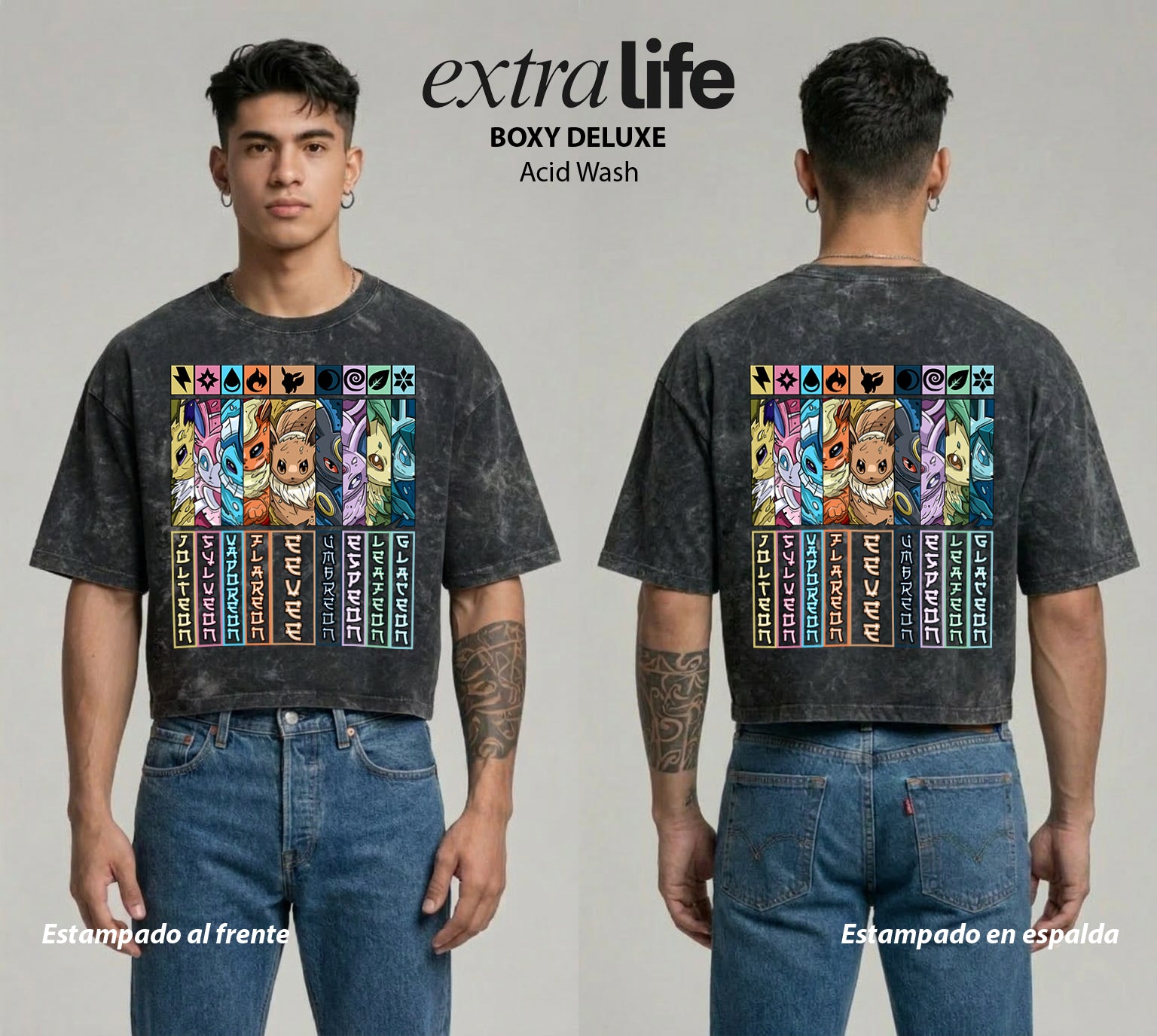 Playera streetwear premium de anime y gaming ExtraLife MX, corte boxy deluxe mineral wash heavyweight en color Acid Wash, moda urbana mexicana de culto.