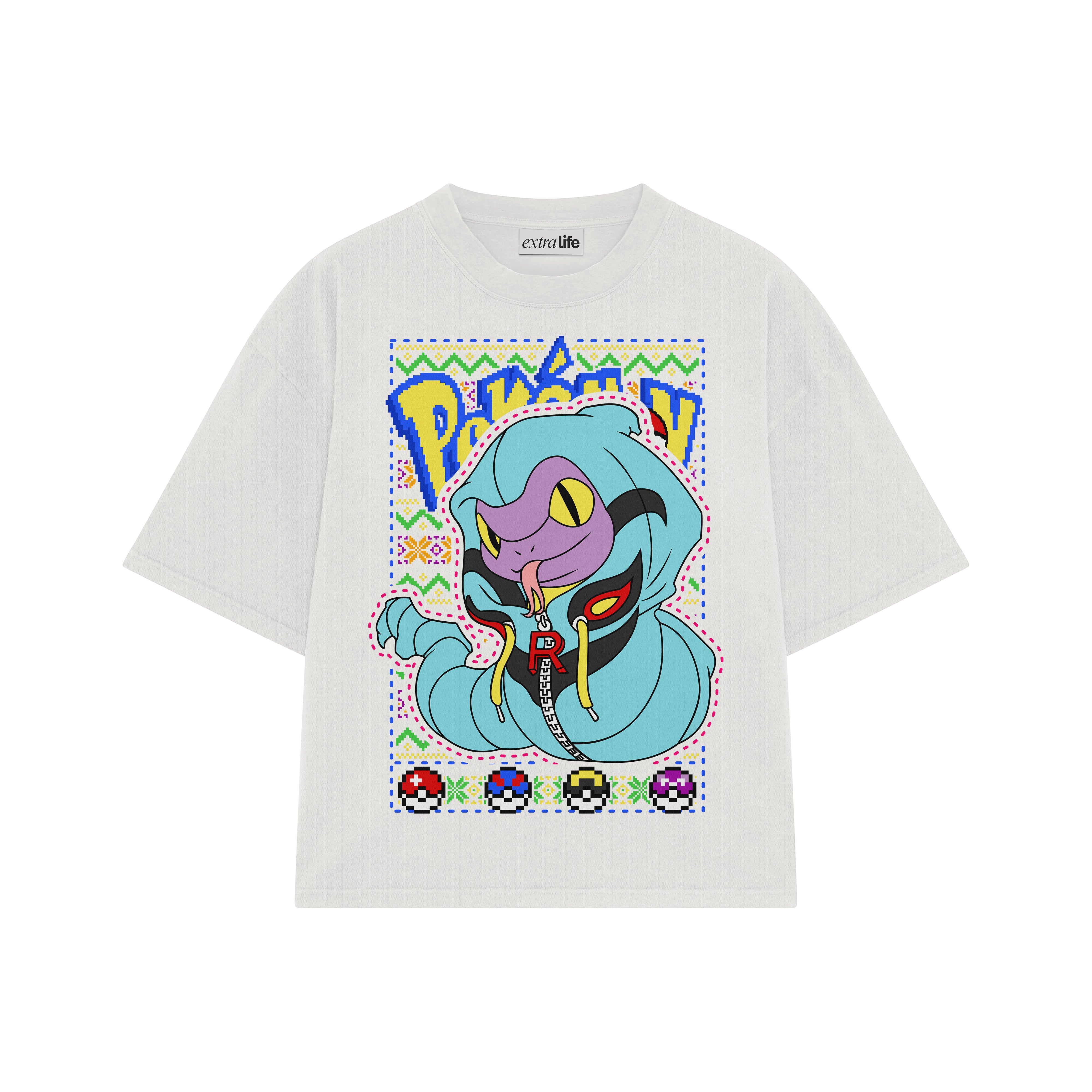 Playera streetwear premium de anime y gaming ExtraLife MX, corte boxy oversized drop shoulder heavyweight en color Deep Black y Off-White, moda urbana mexicana de culto.
