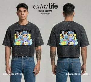 Playera streetwear premium de anime y gaming ExtraLife MX, corte boxy deluxe mineral wash heavyweight en color Acid Wash, moda urbana mexicana de culto.