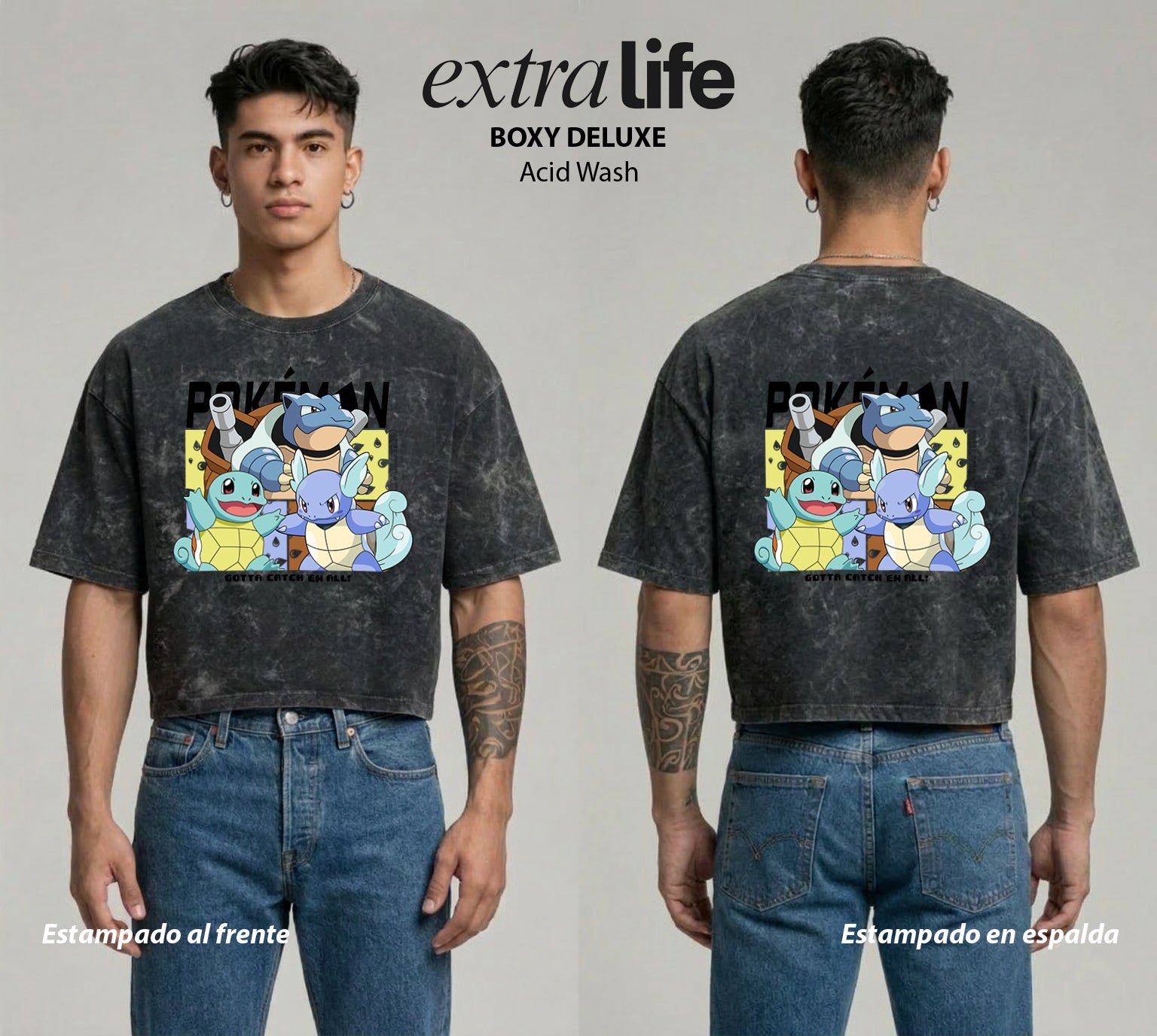 Playera streetwear premium de anime y gaming ExtraLife MX, corte boxy deluxe mineral wash heavyweight en color Acid Wash, moda urbana mexicana de culto.