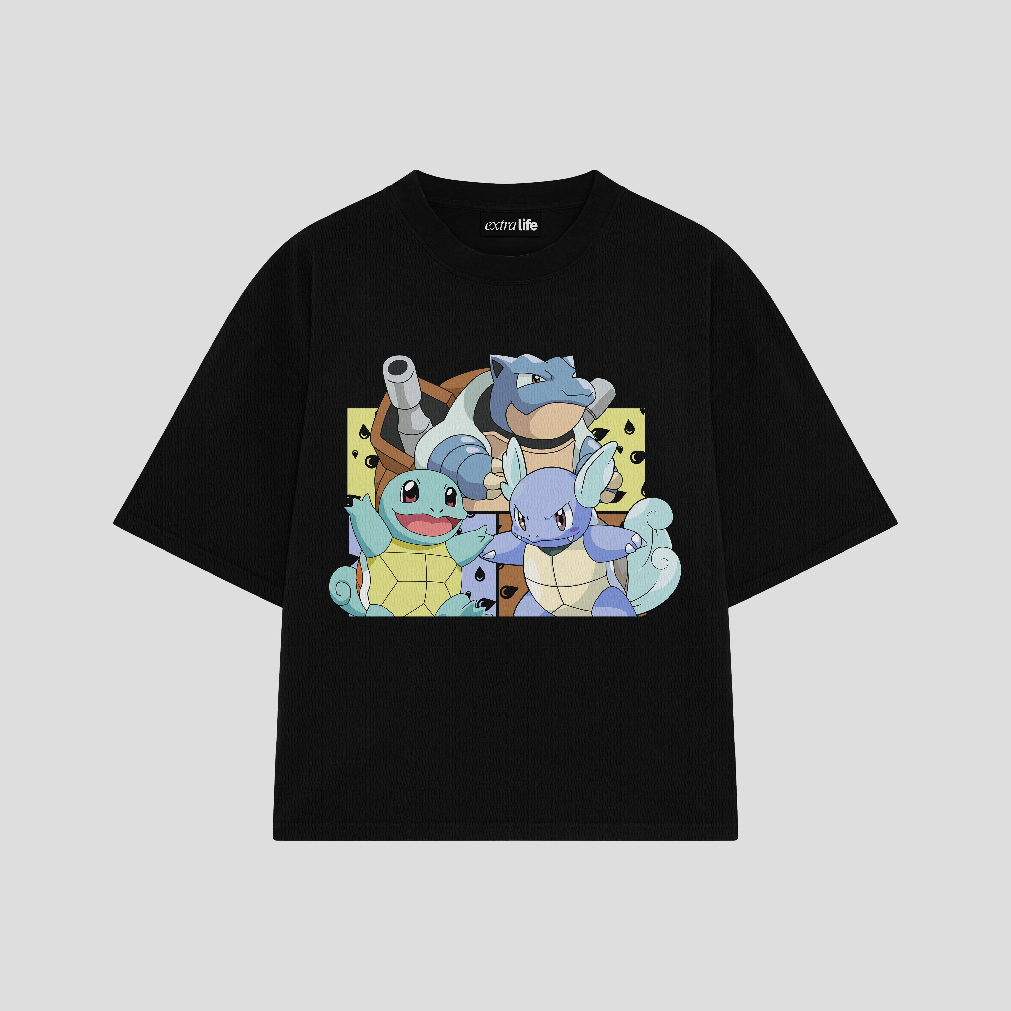 Playera streetwear premium de anime y gaming ExtraLife MX, corte boxy oversized drop shoulder heavyweight en color Deep Black y Off-White, moda urbana mexicana de culto.