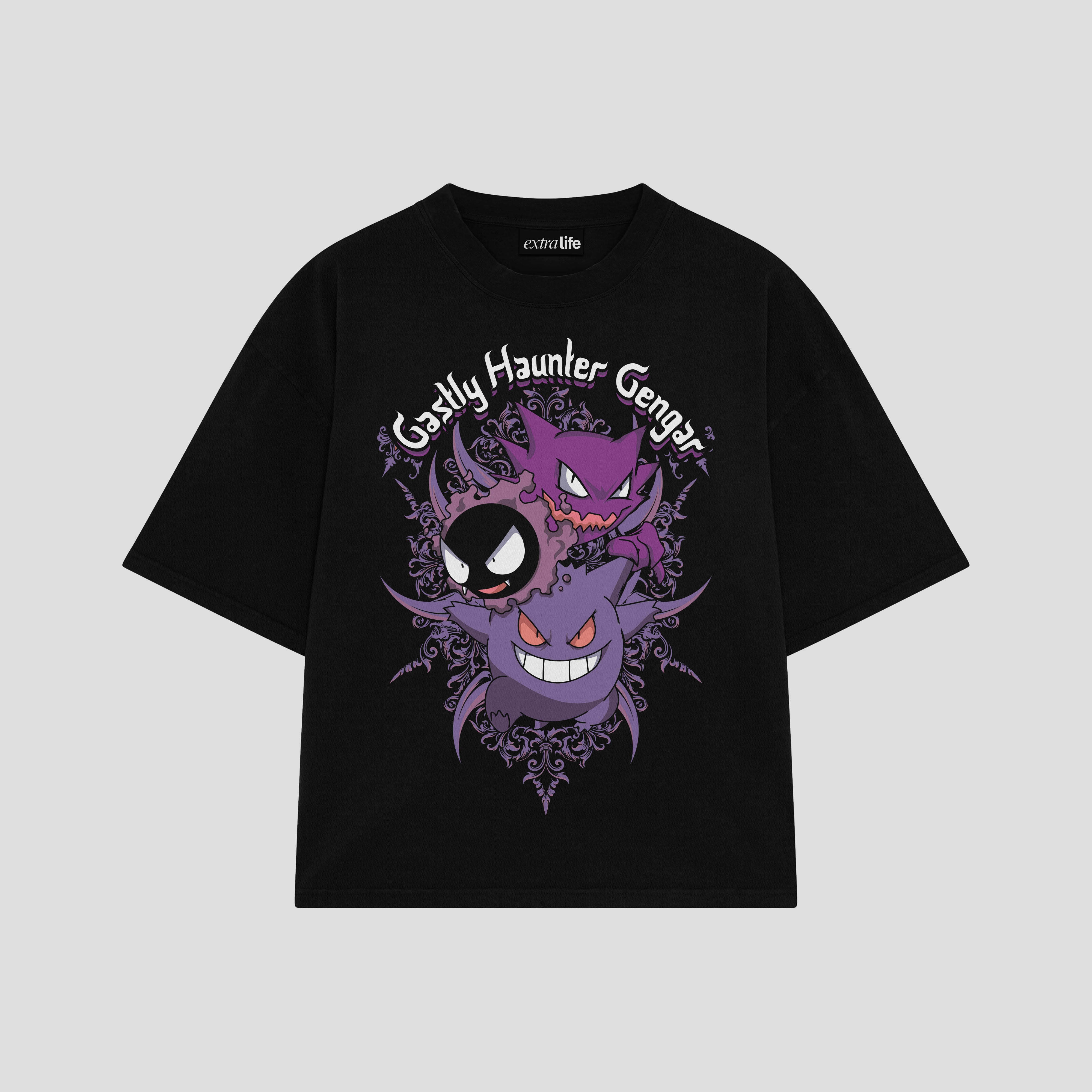Playera streetwear premium de anime y gaming ExtraLife MX, corte boxy oversized drop shoulder heavyweight en color Deep Black y Off-White, moda urbana mexicana de culto.
