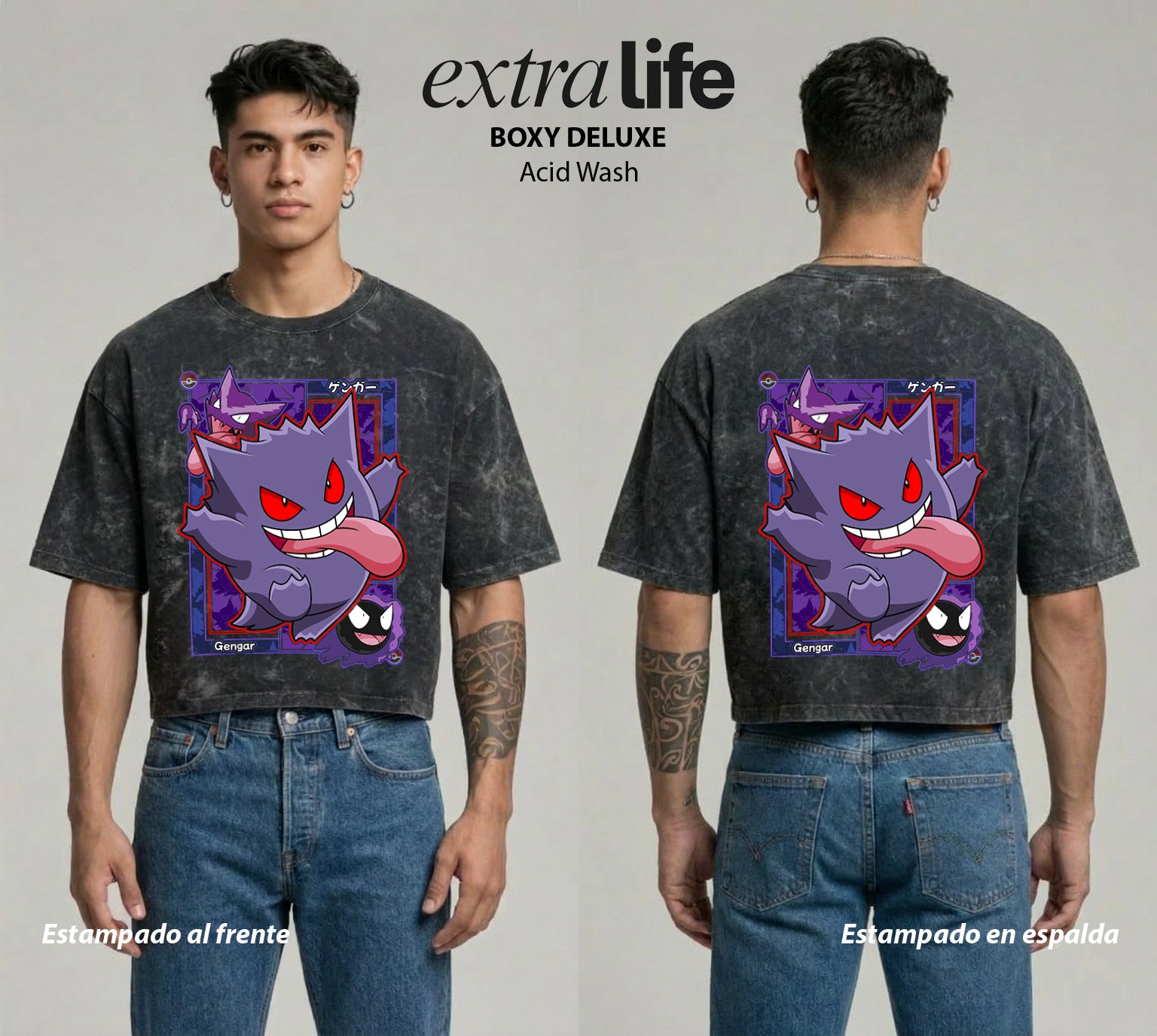 Playera streetwear premium de anime y gaming ExtraLife MX, corte boxy deluxe mineral wash heavyweight en color Acid Wash, moda urbana mexicana de culto.