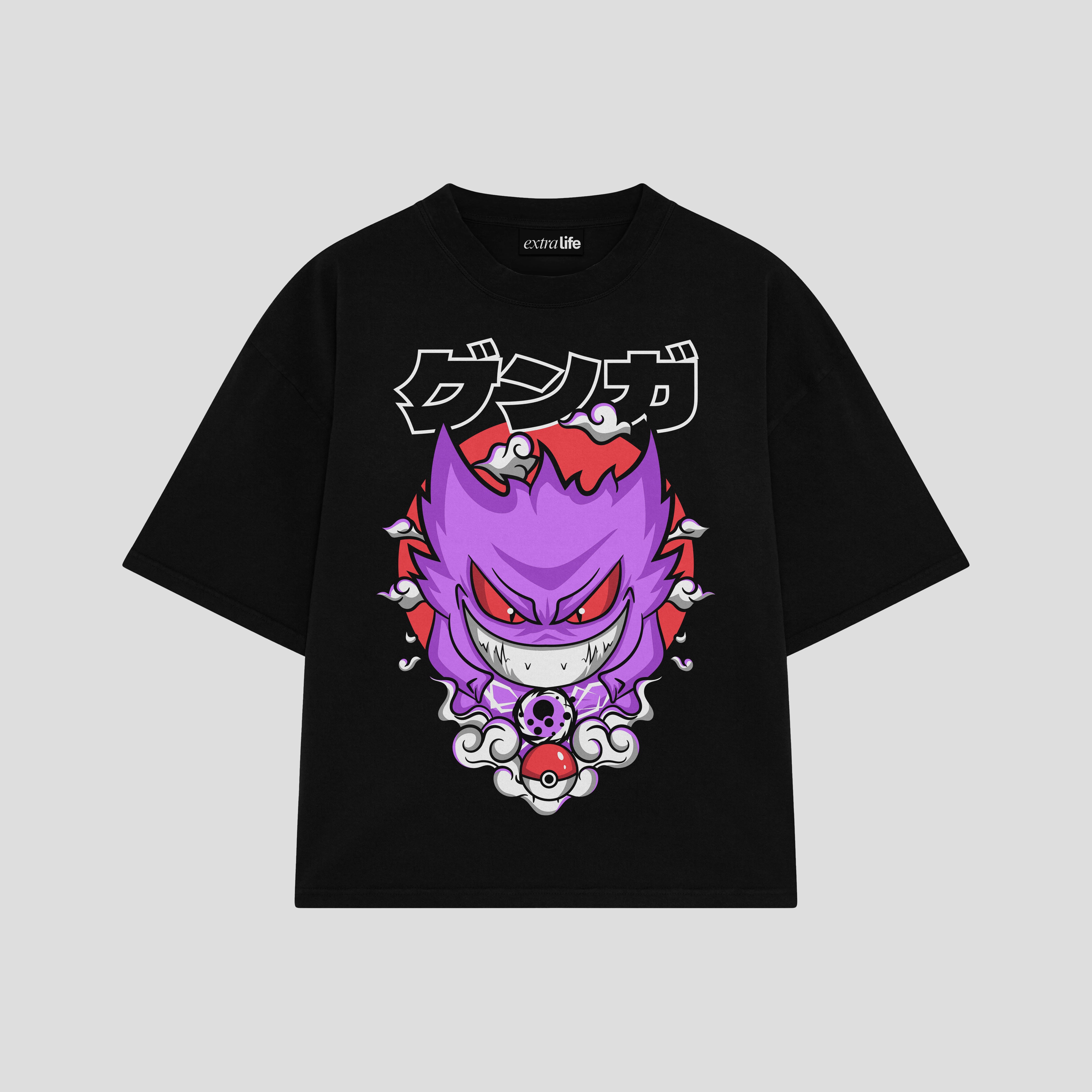 Playera streetwear premium de anime y gaming ExtraLife MX, corte boxy oversized drop shoulder heavyweight en color Deep Black y Off-White, moda urbana mexicana de culto.