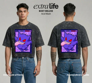 Playera streetwear premium de anime y gaming ExtraLife MX, corte boxy deluxe mineral wash heavyweight en color Acid Wash, moda urbana mexicana de culto.