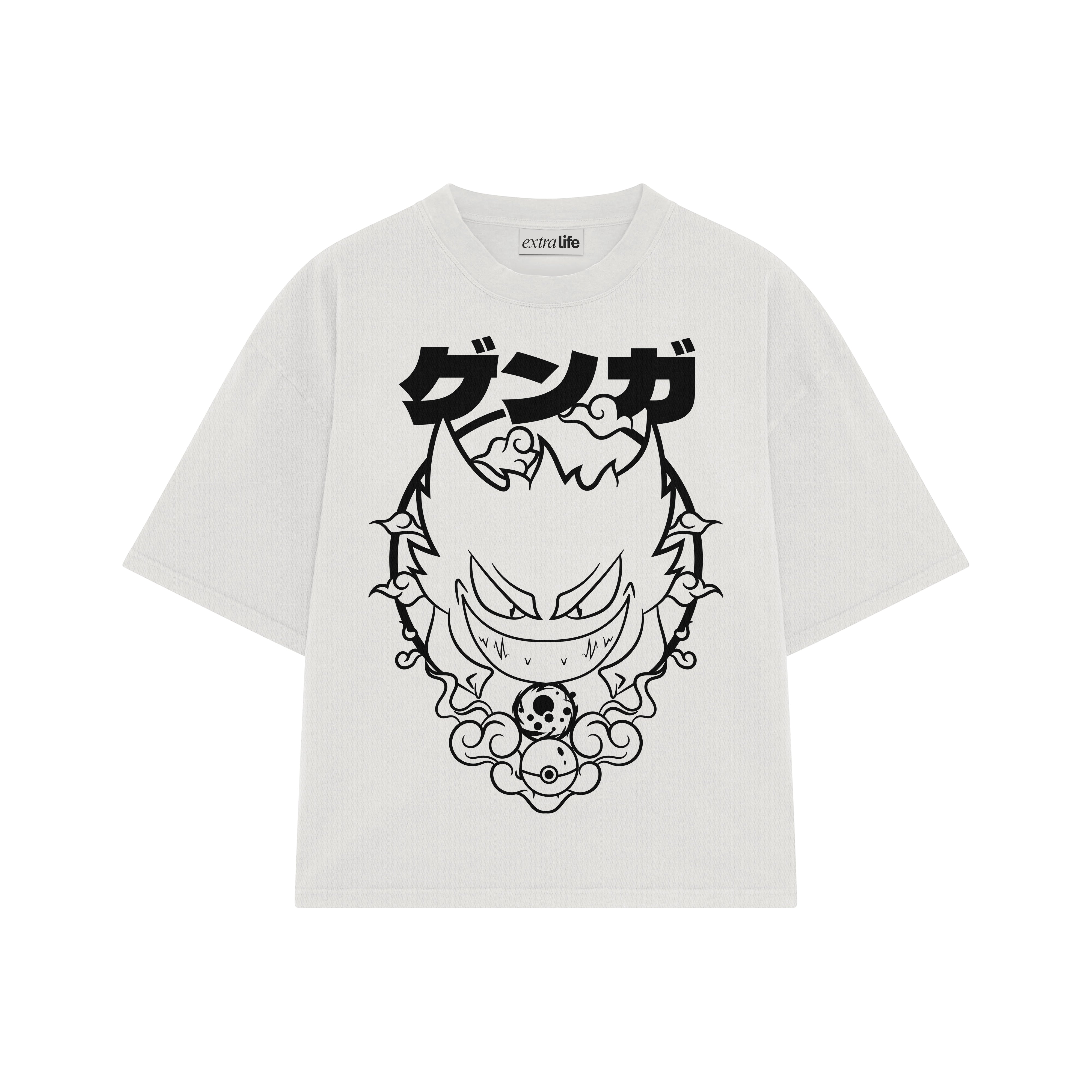 Playera streetwear premium de anime y gaming ExtraLife MX, corte boxy oversized drop shoulder heavyweight en color Deep Black y Off-White, moda urbana mexicana de culto.