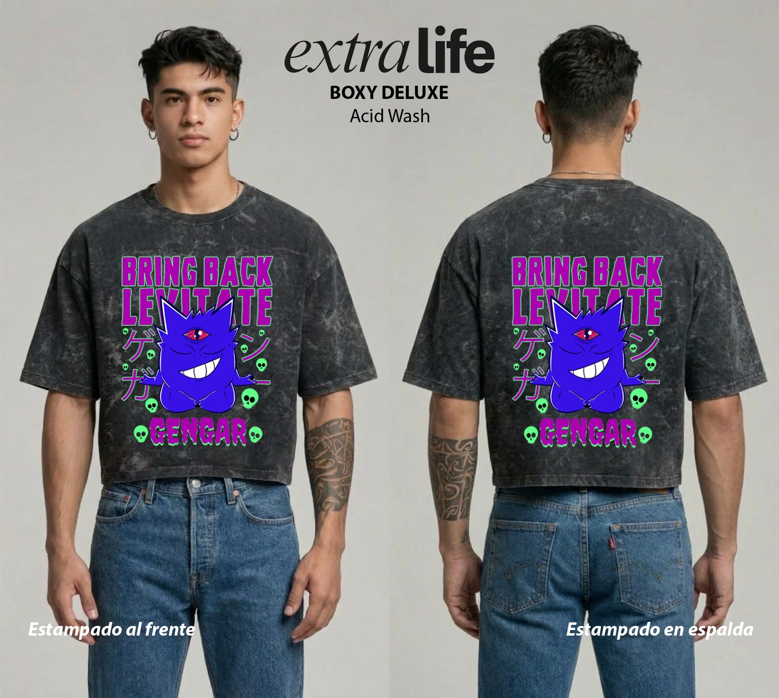 Playera streetwear premium de anime y gaming ExtraLife MX, corte boxy deluxe mineral wash heavyweight en color Acid Wash, moda urbana mexicana de culto.