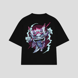 Playera streetwear premium de anime y gaming ExtraLife MX, corte boxy oversized drop shoulder heavyweight en color Deep Black y Off-White, moda urbana mexicana de culto.