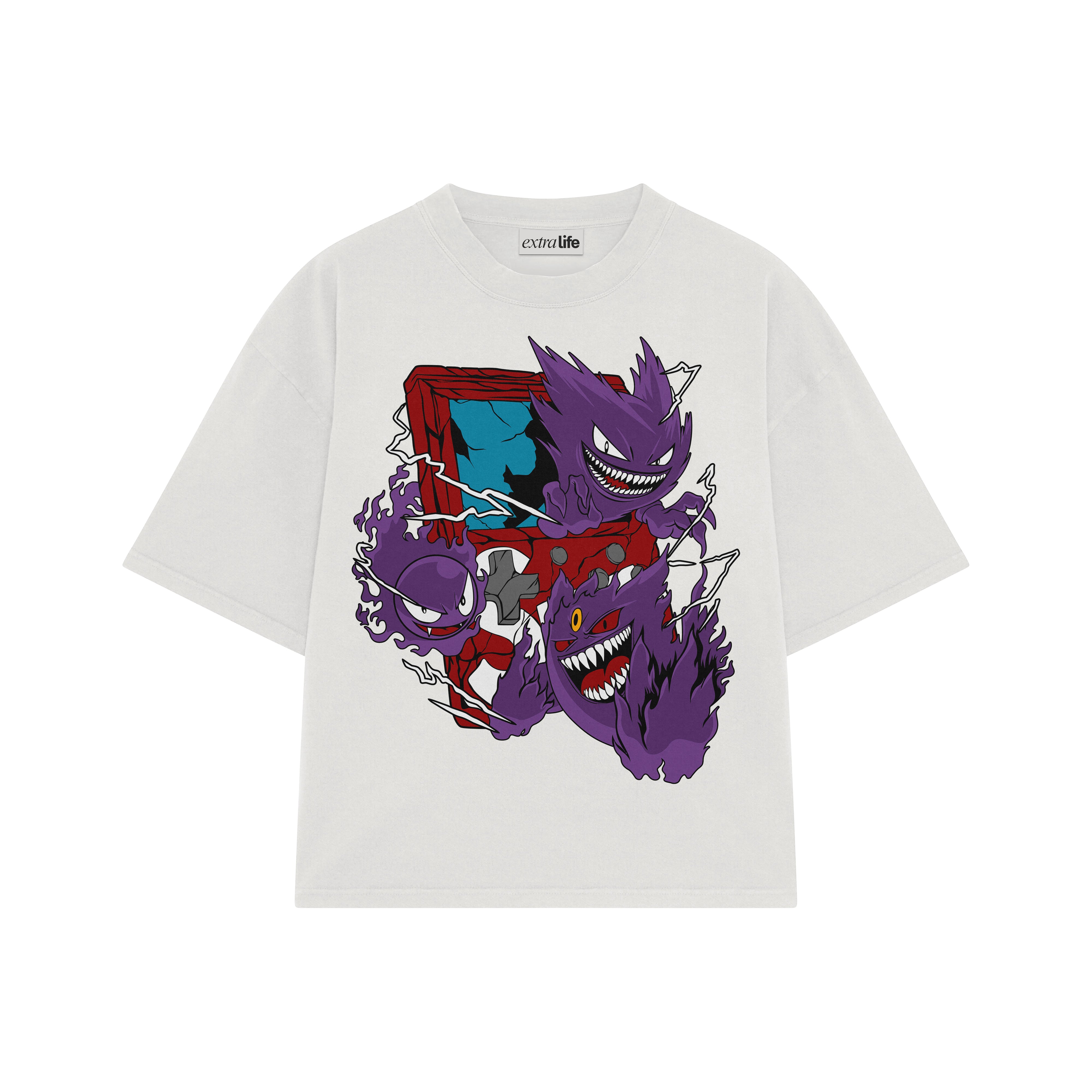 Playera streetwear premium de anime y gaming ExtraLife MX, corte boxy oversized drop shoulder heavyweight en color Deep Black y Off-White, moda urbana mexicana de culto.