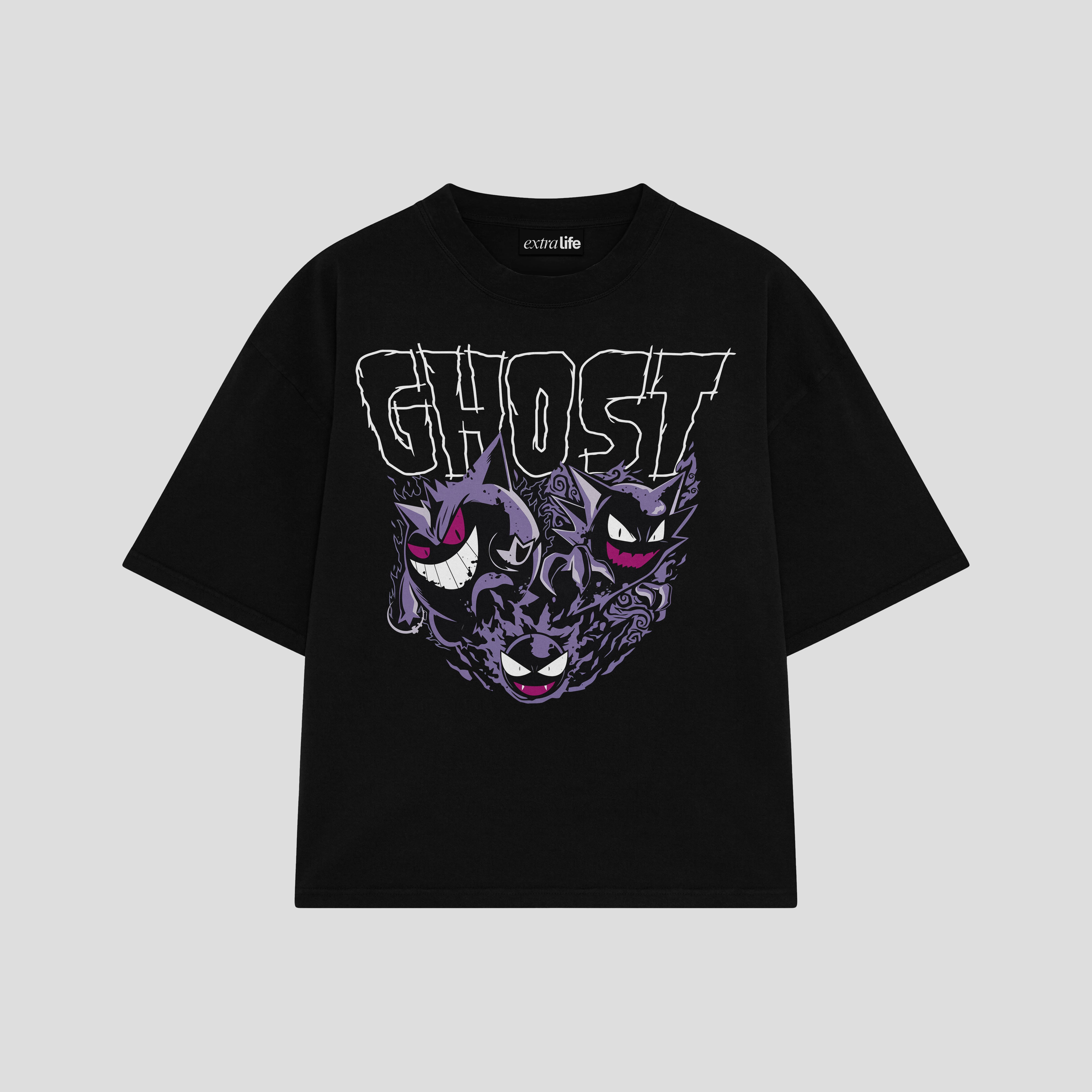 Playera streetwear premium de anime y gaming ExtraLife MX, corte boxy oversized drop shoulder heavyweight en color Deep Black y Off-White, moda urbana mexicana de culto.