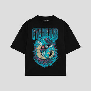 Playera streetwear premium de anime y gaming ExtraLife MX, corte boxy oversized drop shoulder heavyweight en color Deep Black y Off-White, moda urbana mexicana de culto.