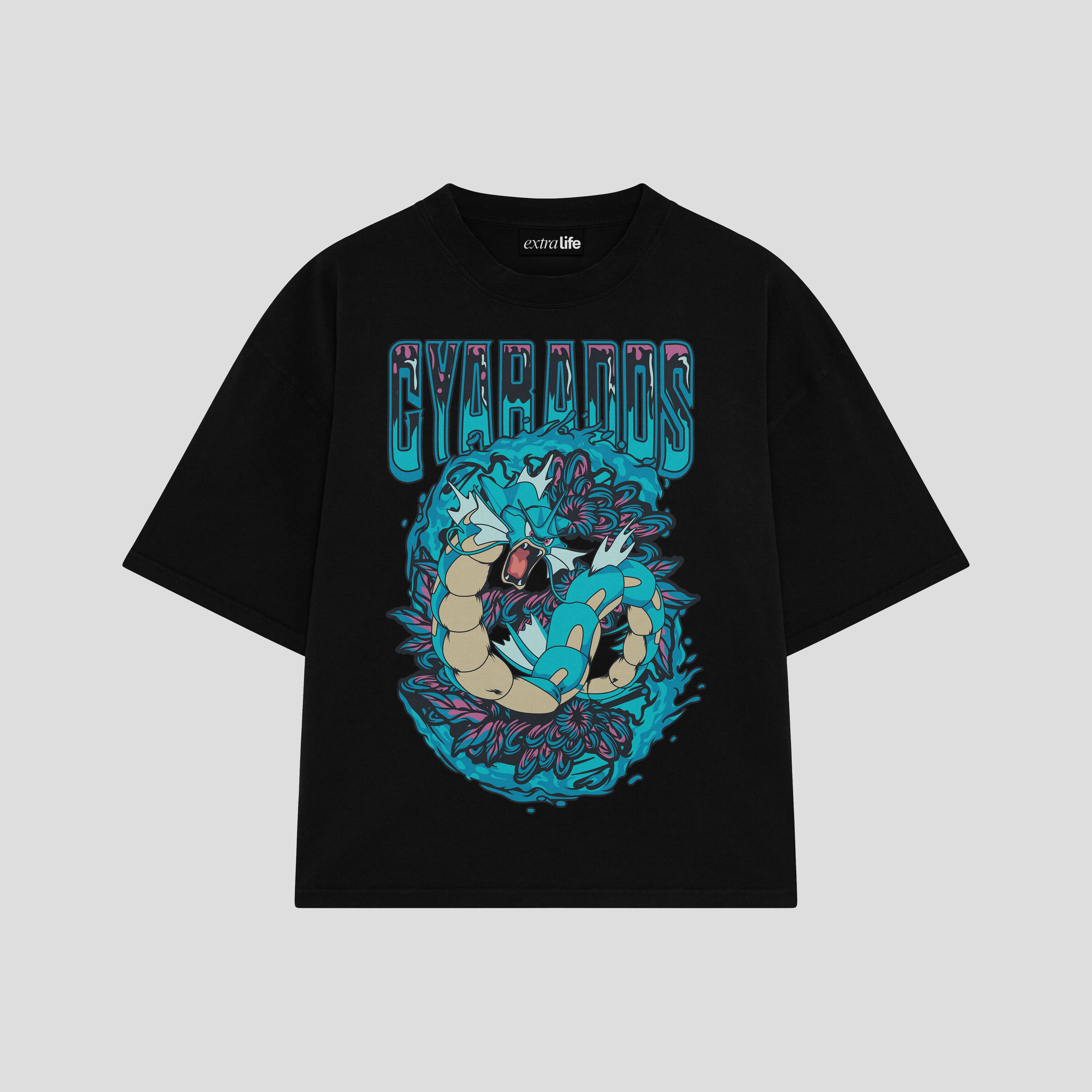 Playera streetwear premium de anime y gaming ExtraLife MX, corte boxy oversized drop shoulder heavyweight en color Deep Black y Off-White, moda urbana mexicana de culto.