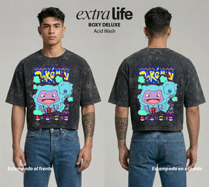 Playera streetwear premium de anime y gaming ExtraLife MX, corte boxy deluxe mineral wash heavyweight en color Acid Wash, moda urbana mexicana de culto.