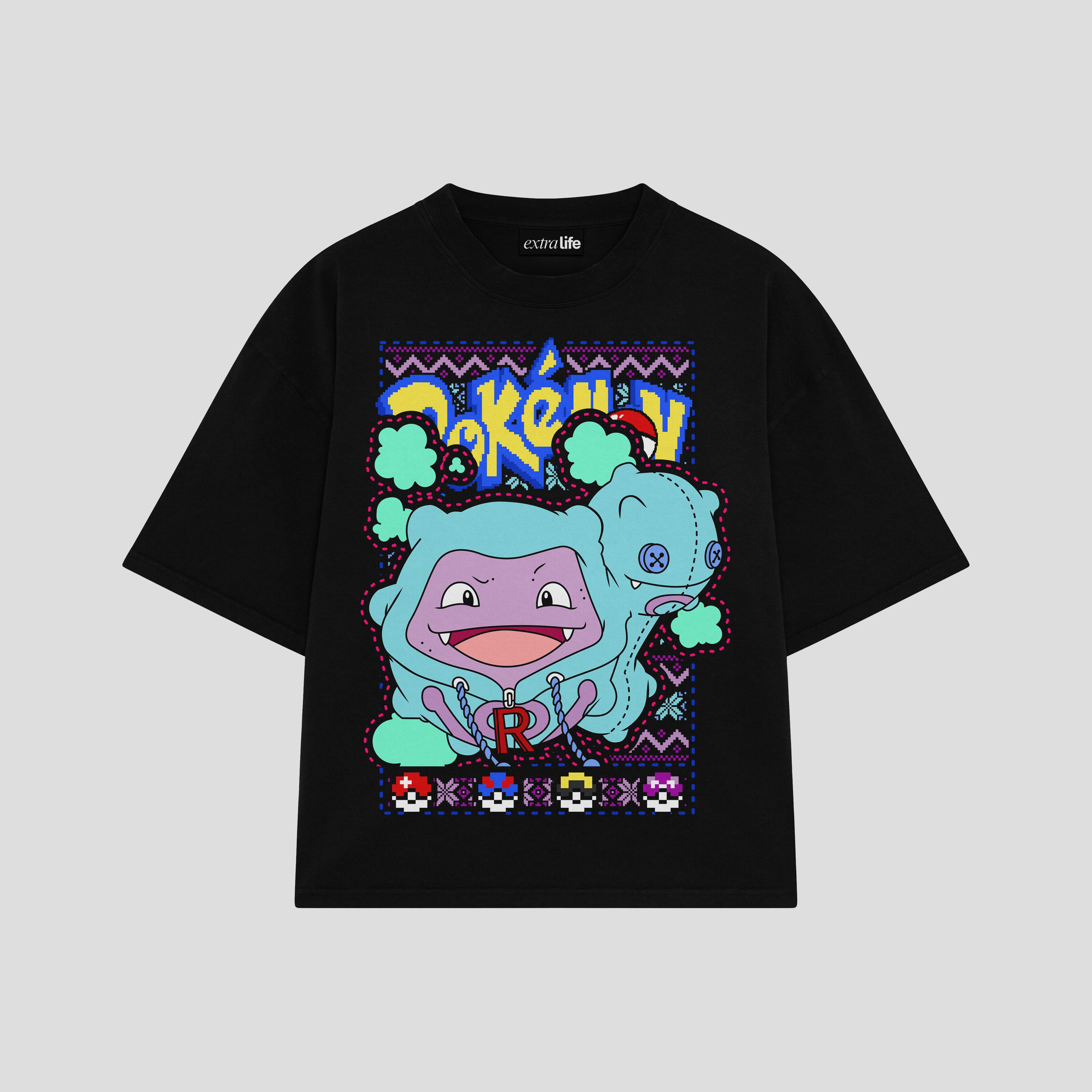 Playera streetwear premium de anime y gaming ExtraLife MX, corte boxy oversized drop shoulder heavyweight en color Deep Black y Off-White, moda urbana mexicana de culto.