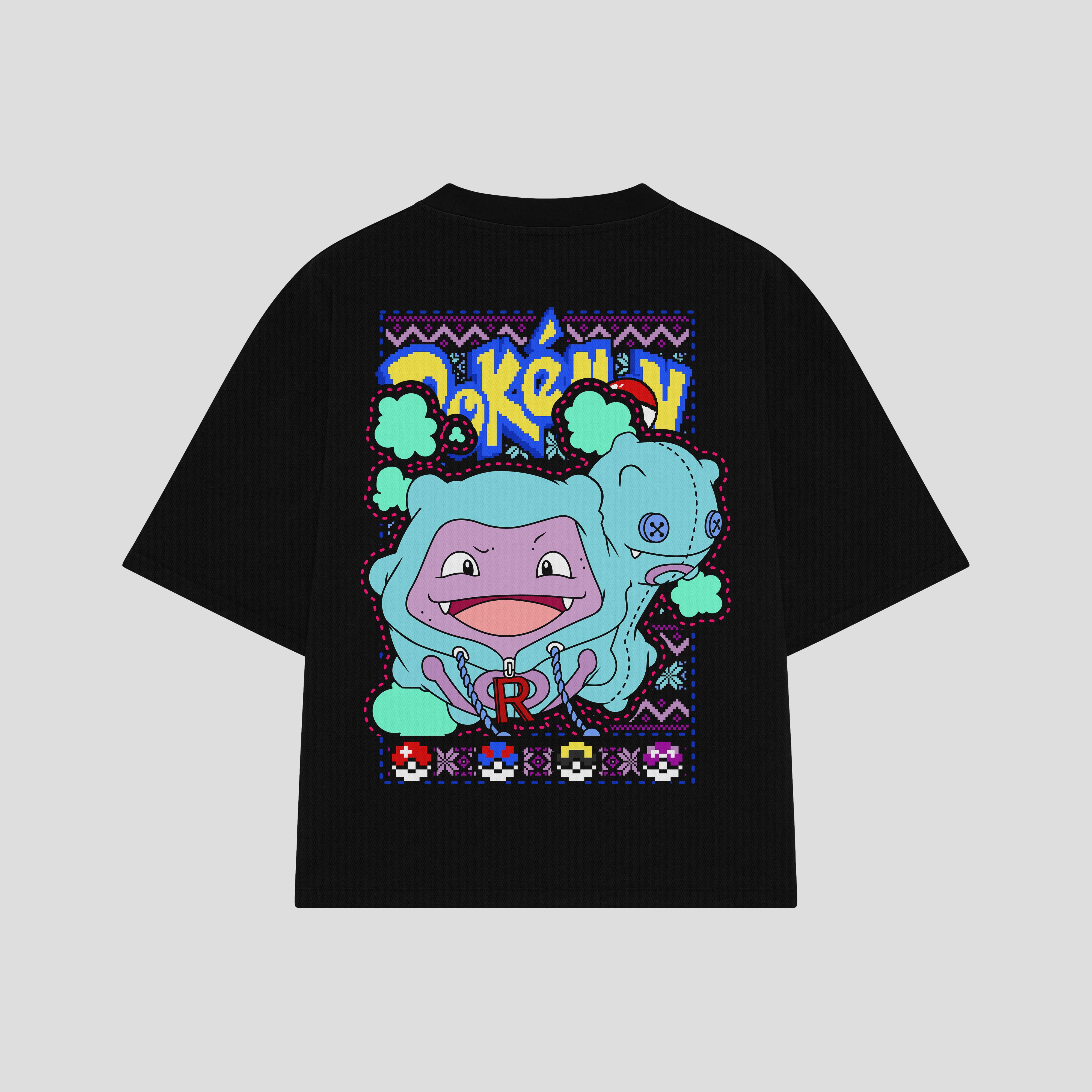 Playera streetwear premium de anime y gaming ExtraLife MX, corte boxy oversized drop shoulder heavyweight en color Deep Black y Off-White, moda urbana mexicana de culto.