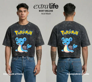 Playera streetwear premium de anime y gaming ExtraLife MX, corte boxy deluxe mineral wash heavyweight en color Acid Wash, moda urbana mexicana de culto.