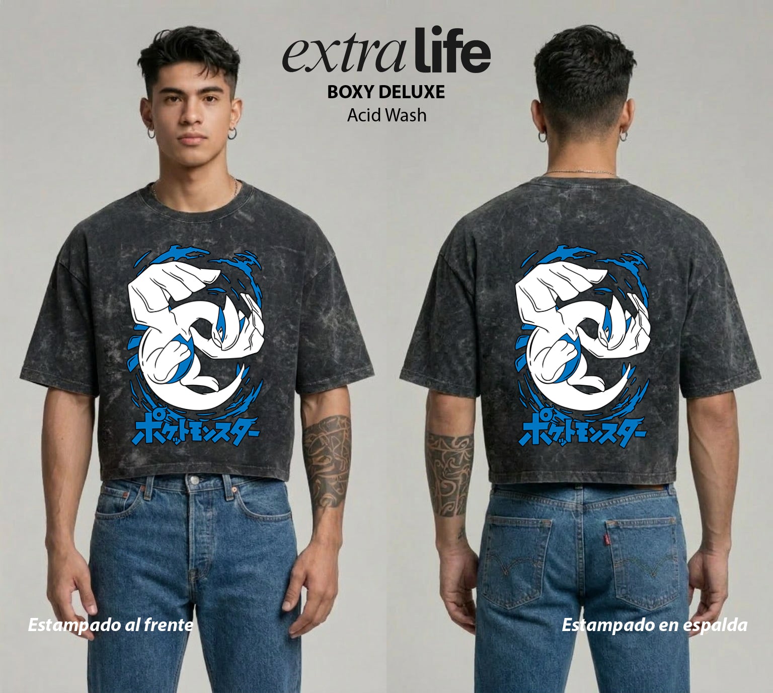 Playera streetwear premium de anime y gaming ExtraLife MX, corte boxy deluxe mineral wash heavyweight en color Acid Wash, moda urbana mexicana de culto.