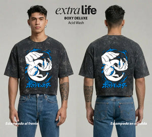 Playera streetwear premium de anime y gaming ExtraLife MX, corte boxy deluxe mineral wash heavyweight en color Acid Wash, moda urbana mexicana de culto.