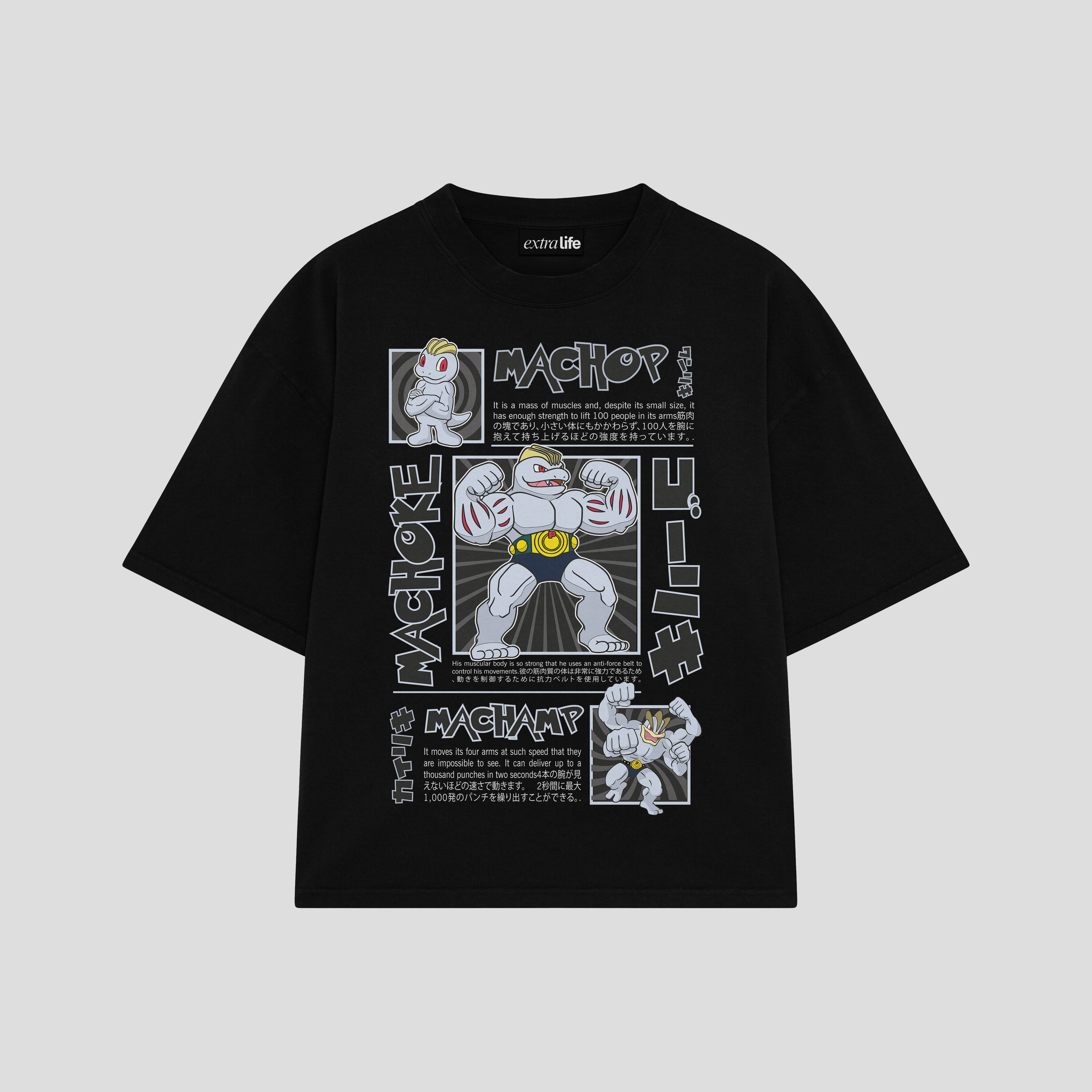 Playera streetwear premium de anime y gaming ExtraLife MX, corte boxy oversized drop shoulder heavyweight en color Deep Black y Off-White, moda urbana mexicana de culto.