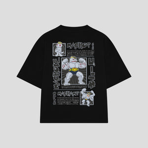 Playera streetwear premium de anime y gaming ExtraLife MX, corte boxy oversized drop shoulder heavyweight en color Deep Black y Off-White, moda urbana mexicana de culto.