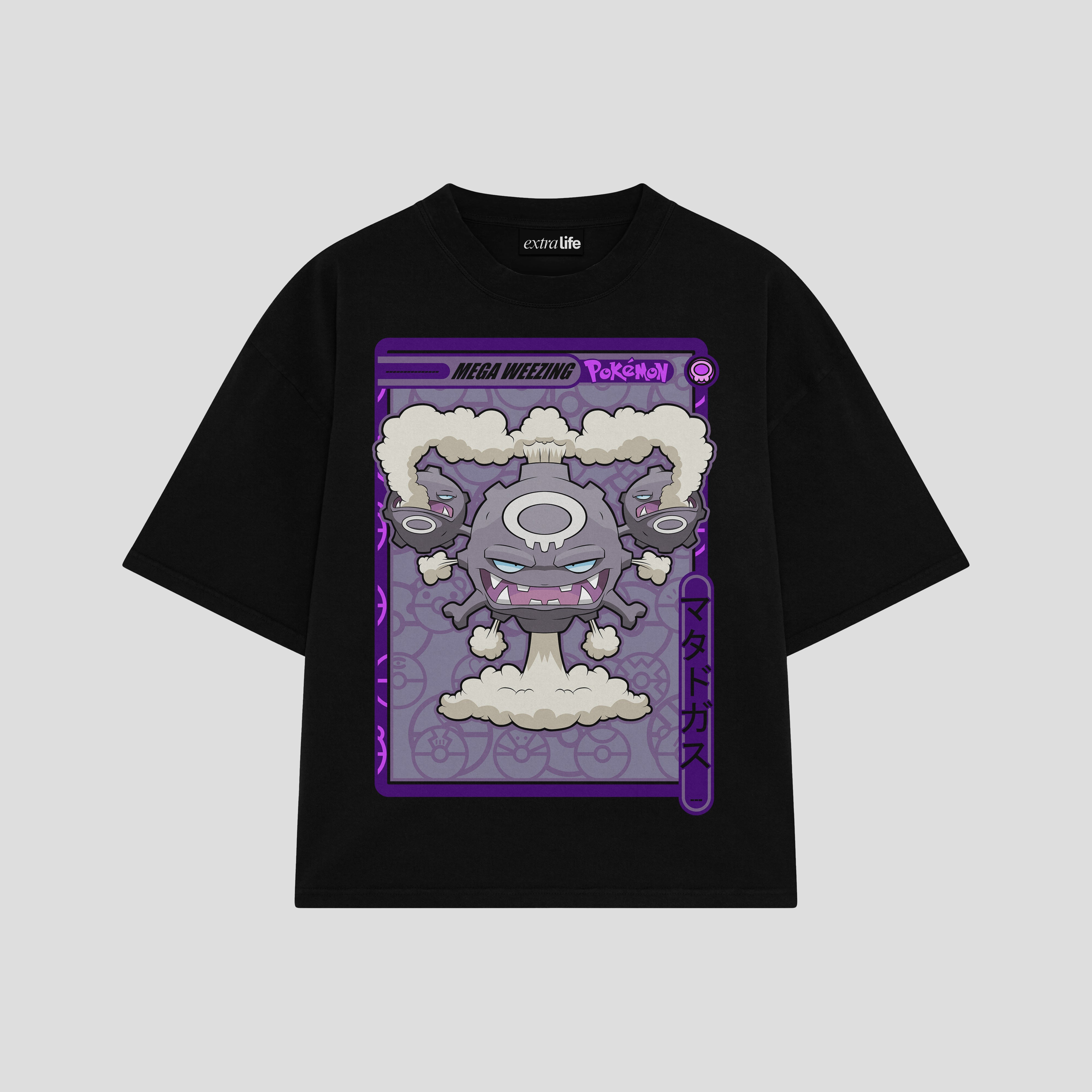 Playera streetwear premium de anime y gaming ExtraLife MX, corte boxy oversized drop shoulder heavyweight en color Deep Black y Off-White, moda urbana mexicana de culto.