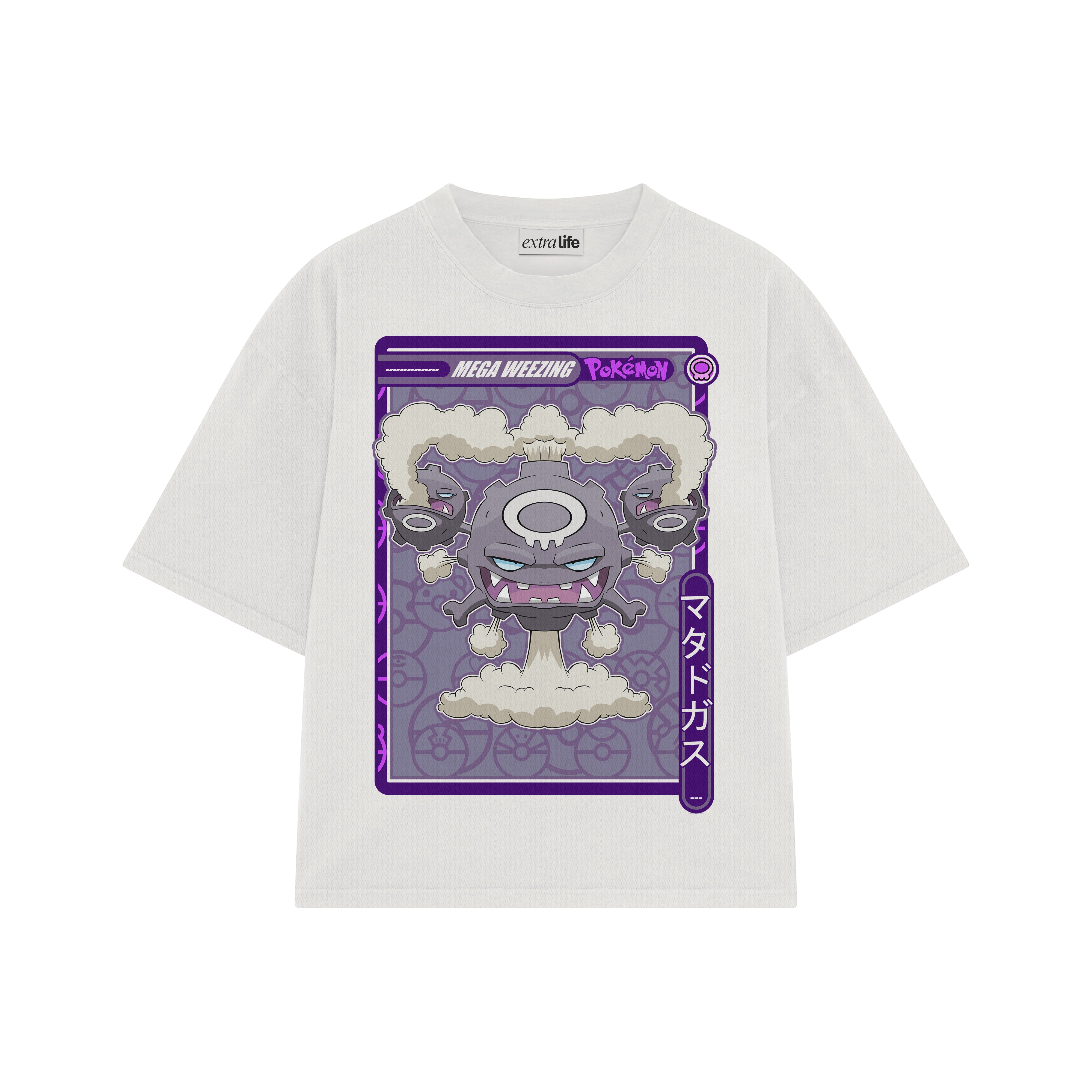 Playera streetwear premium de anime y gaming ExtraLife MX, corte boxy oversized drop shoulder heavyweight en color Deep Black y Off-White, moda urbana mexicana de culto.