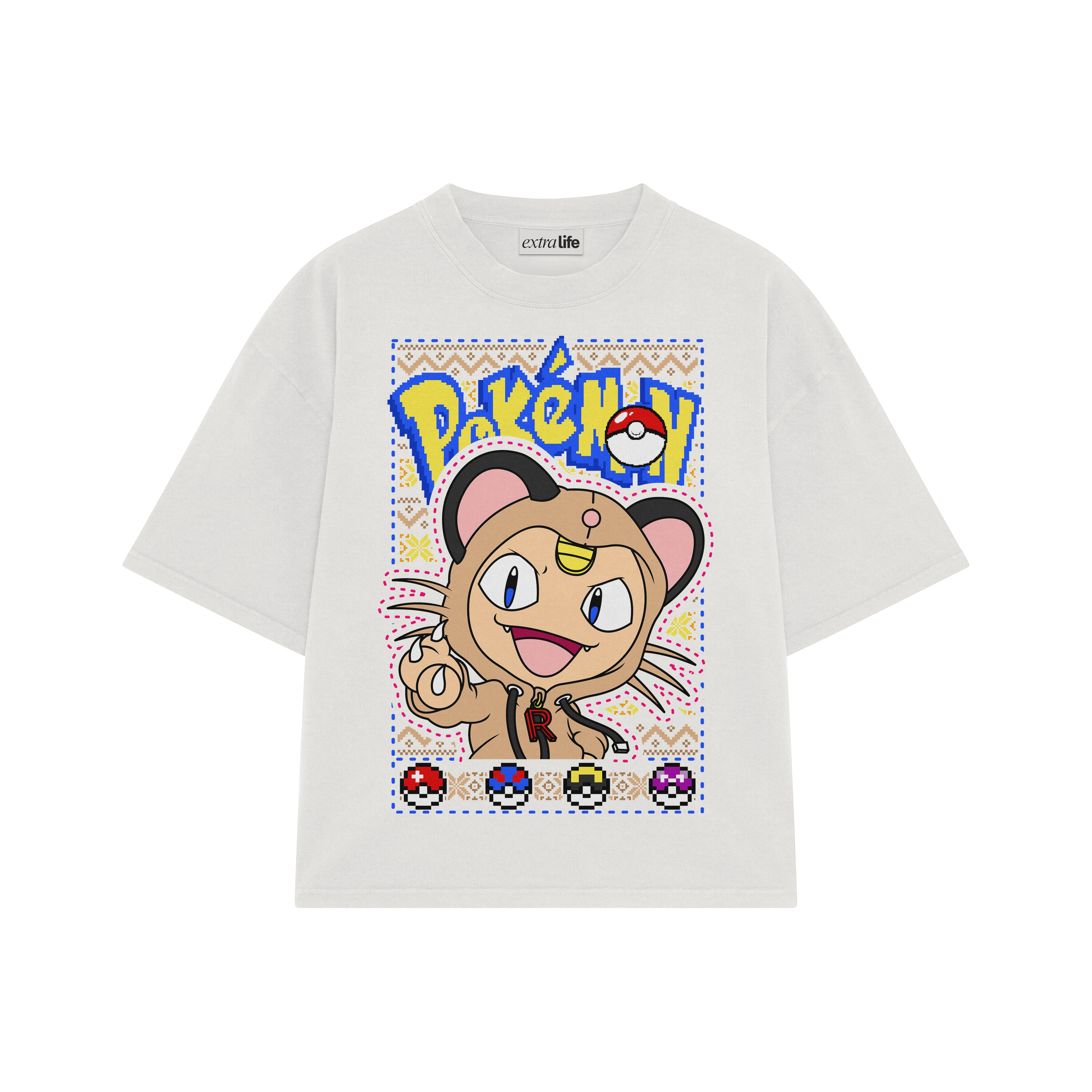 Playera streetwear premium de anime y gaming ExtraLife MX, corte boxy oversized drop shoulder heavyweight en color Deep Black y Off-White, moda urbana mexicana de culto.