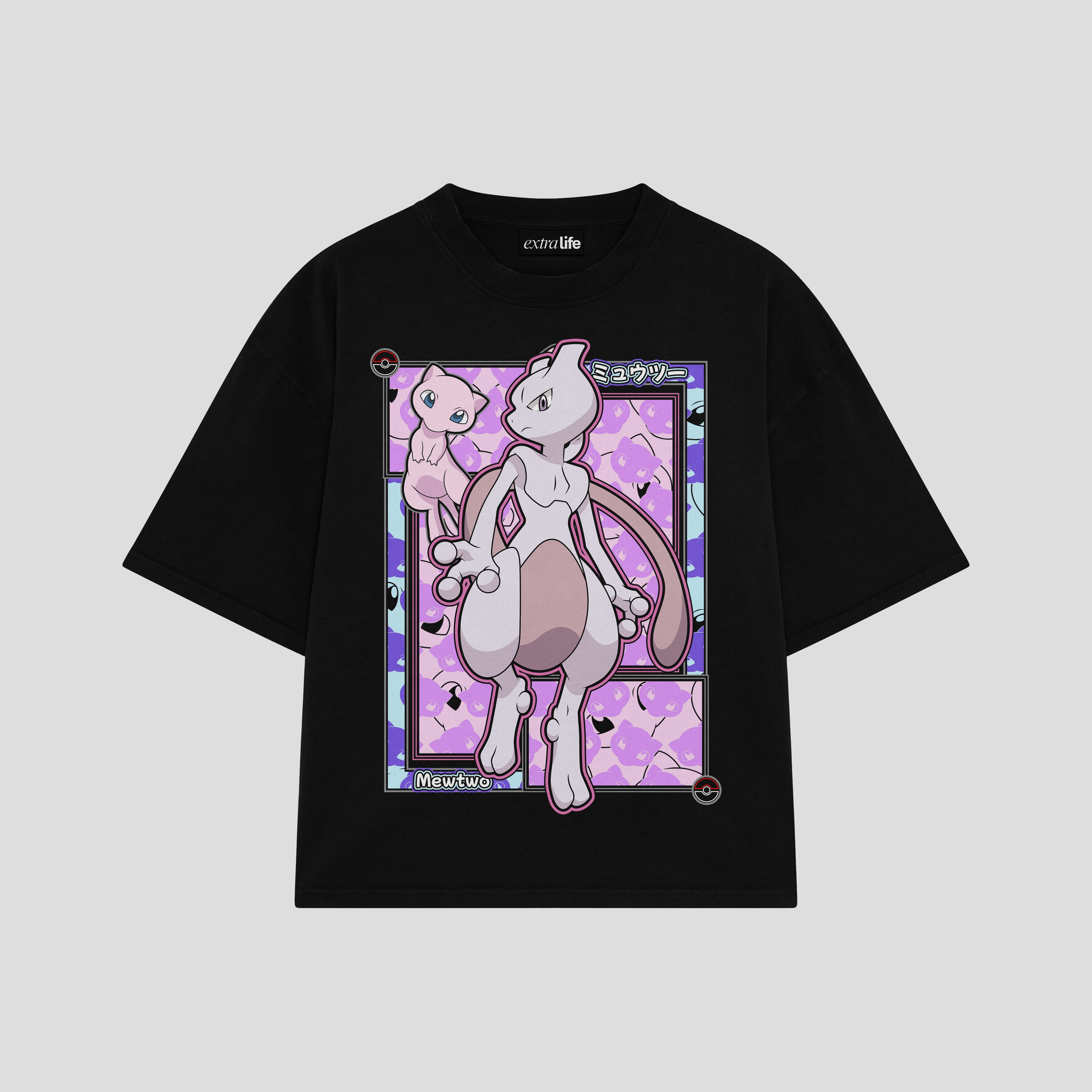 Playera streetwear premium de anime y gaming ExtraLife MX, corte boxy oversized drop shoulder heavyweight en color Deep Black y Off-White, moda urbana mexicana de culto.