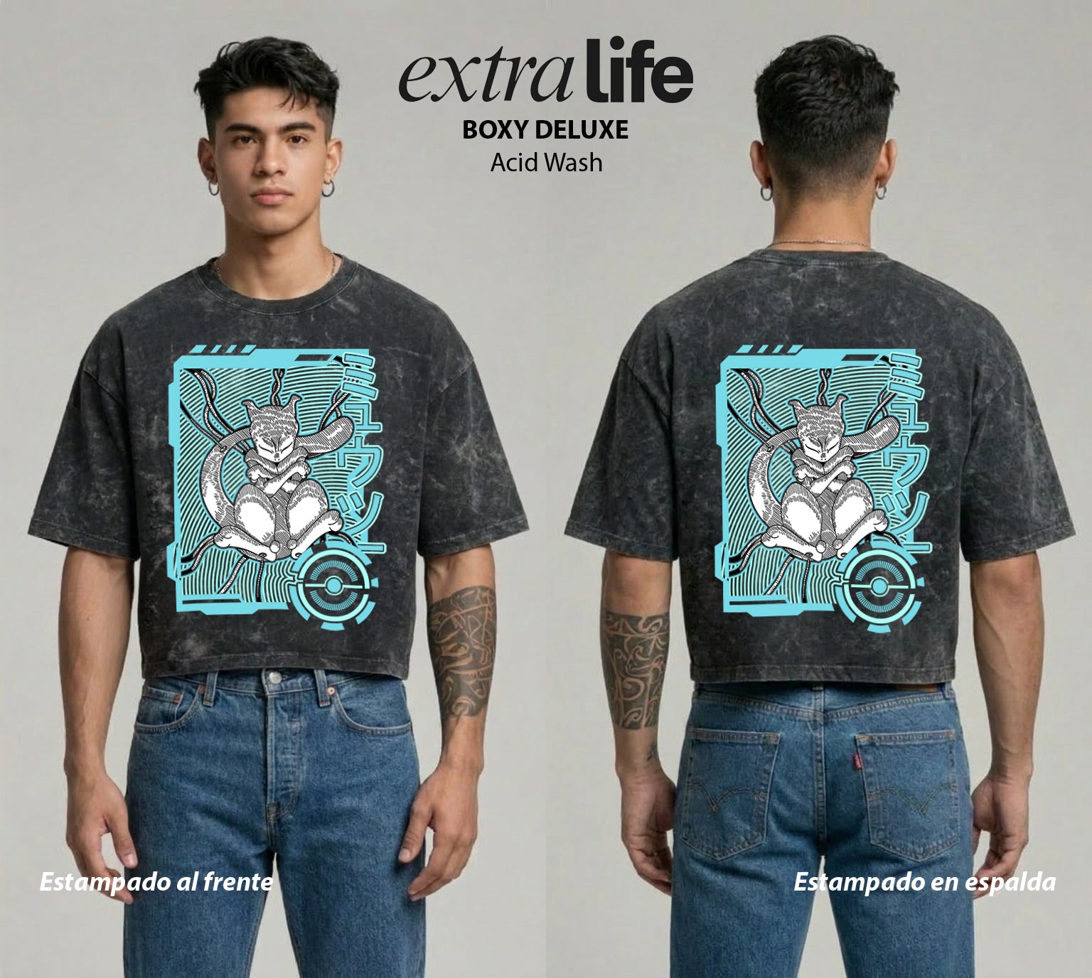 Playera streetwear premium de anime y gaming ExtraLife MX, corte boxy deluxe mineral wash heavyweight en color Acid Wash, moda urbana mexicana de culto.