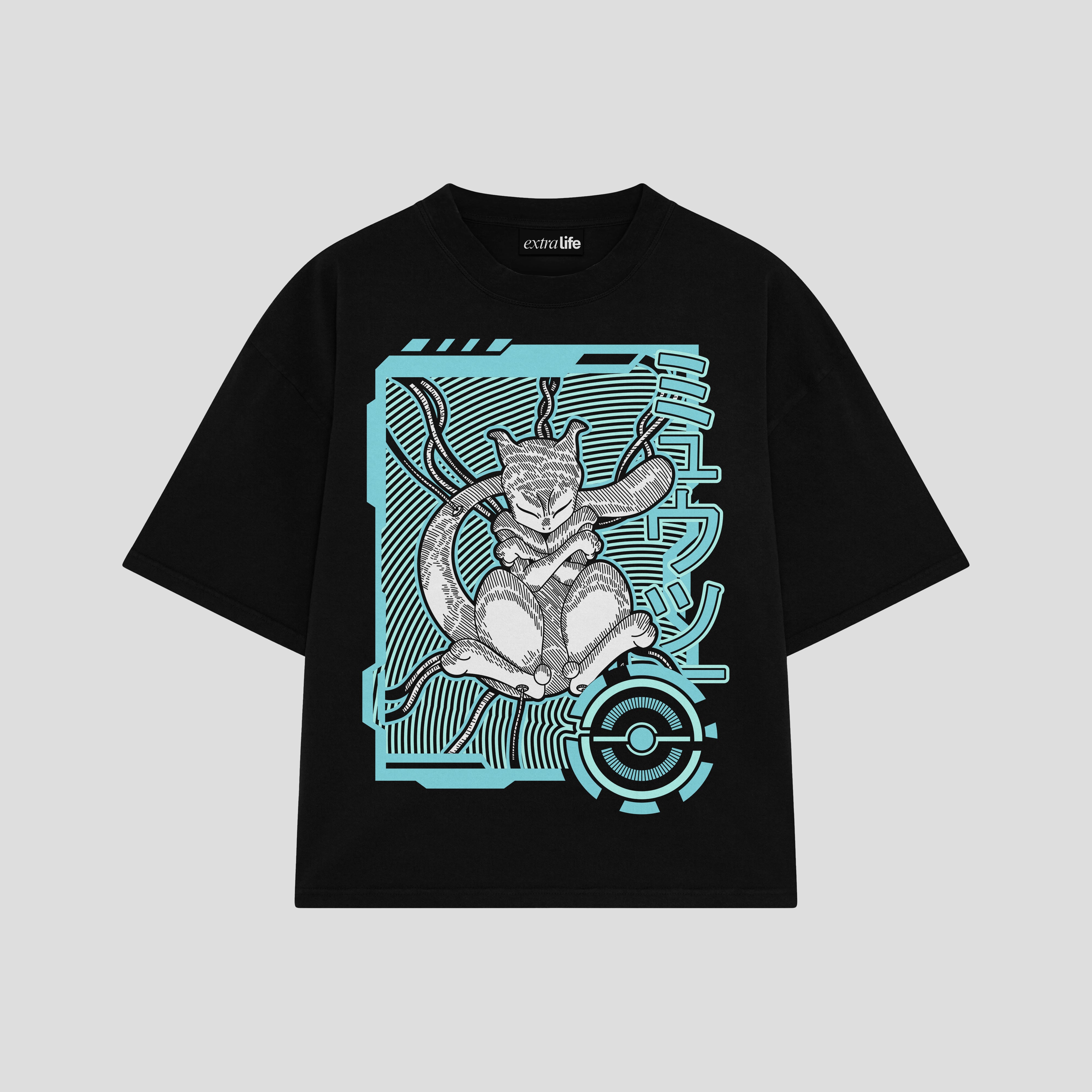 Playera streetwear premium de anime y gaming ExtraLife MX, corte boxy oversized drop shoulder heavyweight en color Deep Black y Off-White, moda urbana mexicana de culto.