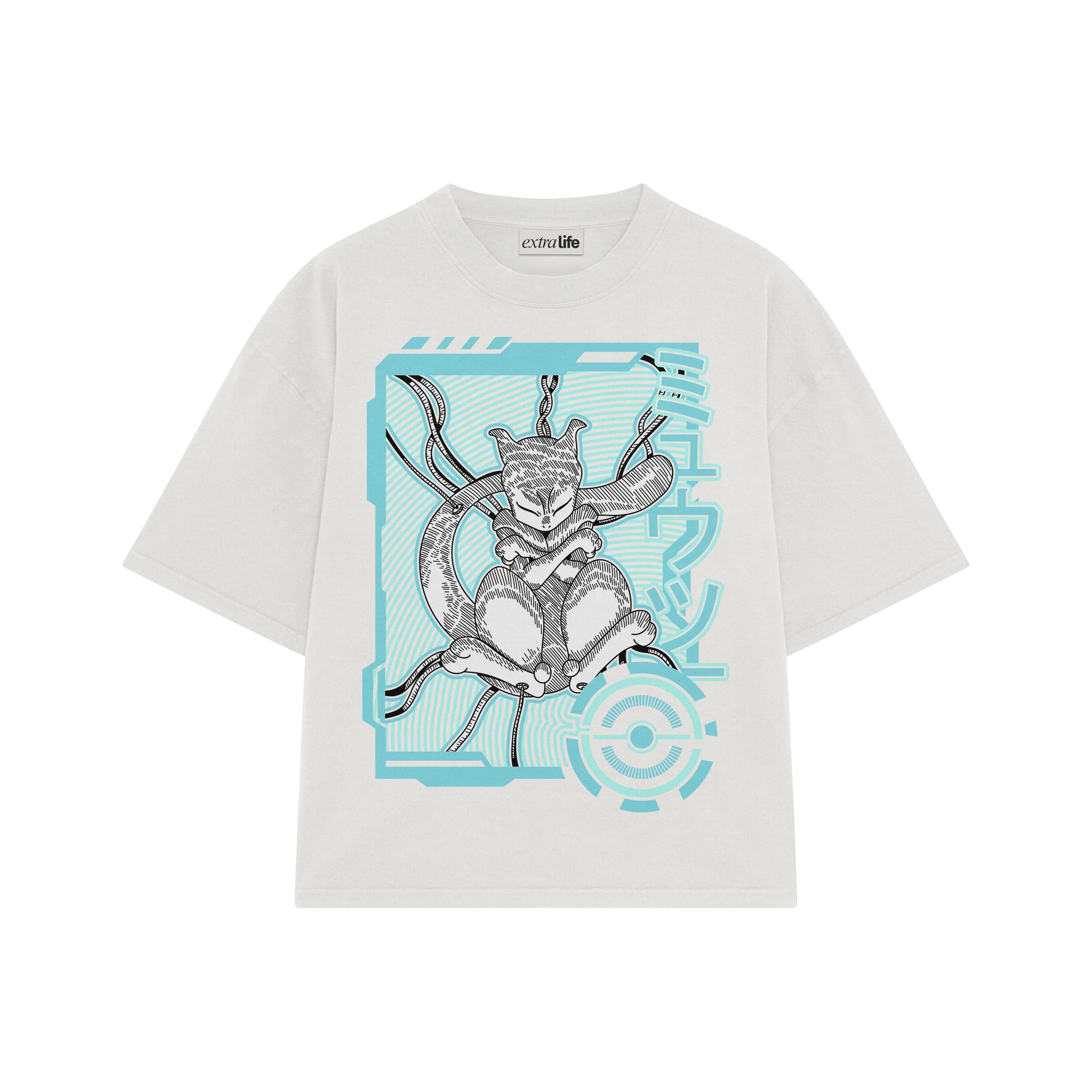 Playera streetwear premium de anime y gaming ExtraLife MX, corte boxy oversized drop shoulder heavyweight en color Deep Black y Off-White, moda urbana mexicana de culto.