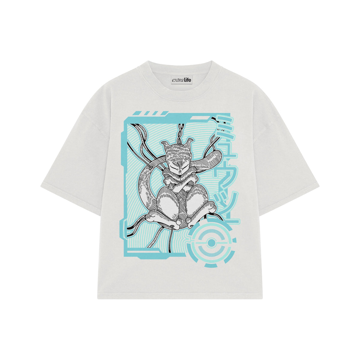 Playera streetwear premium de anime y gaming ExtraLife MX, corte oversized drop shoulder ligero y fresco en color Deep Black y Off-White, moda urbana mexicana de culto.