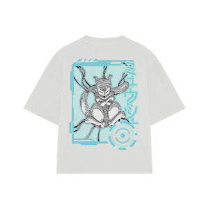 Playera streetwear premium de anime y gaming ExtraLife MX, corte boxy oversized drop shoulder heavyweight en color Deep Black y Off-White, moda urbana mexicana de culto.