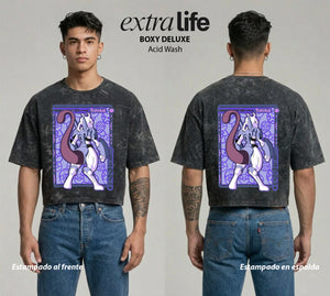 Playera streetwear premium de anime y gaming ExtraLife MX, corte boxy deluxe mineral wash heavyweight en color Acid Wash, moda urbana mexicana de culto.