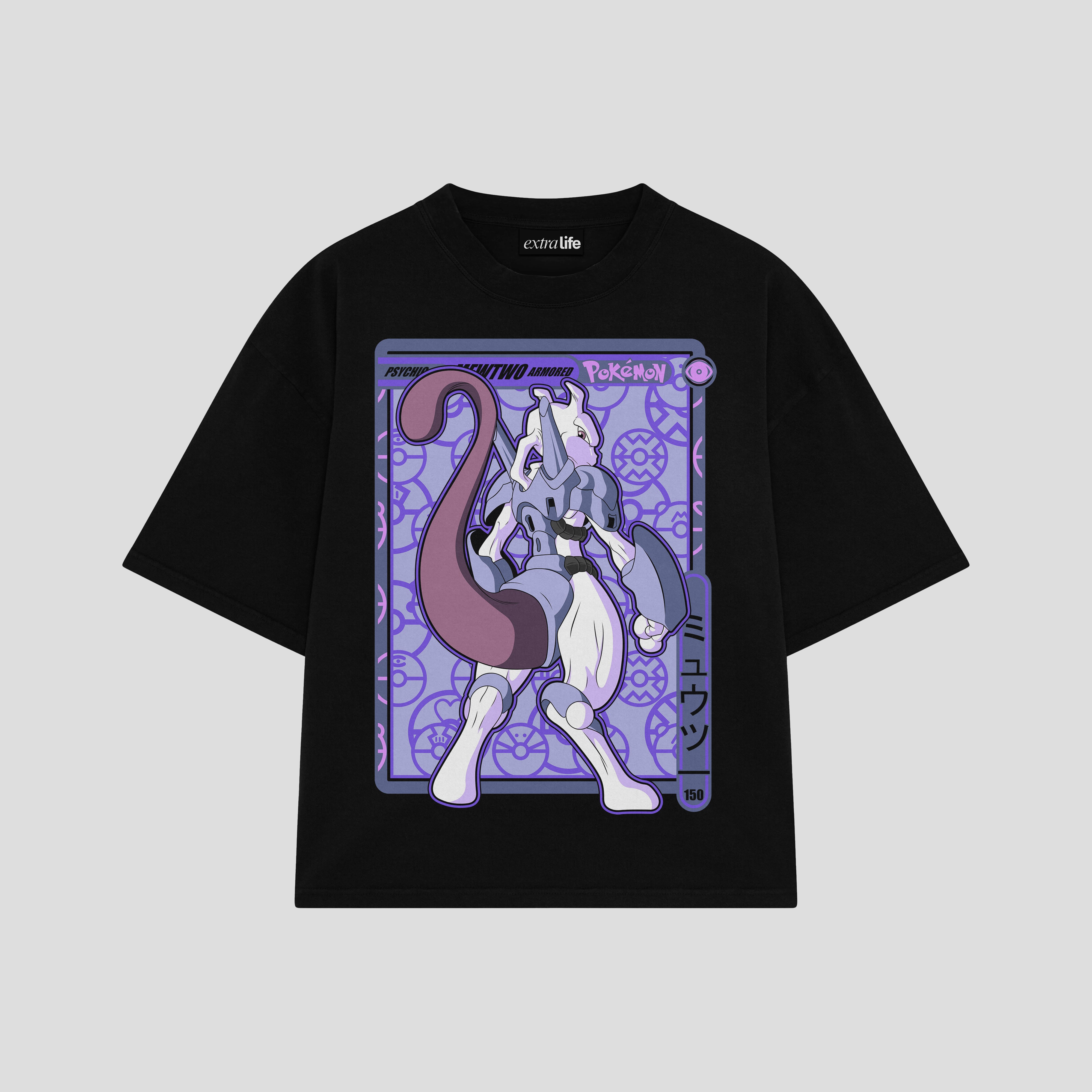 Playera streetwear premium de anime y gaming ExtraLife MX, corte boxy oversized drop shoulder heavyweight en color Deep Black y Off-White, moda urbana mexicana de culto.