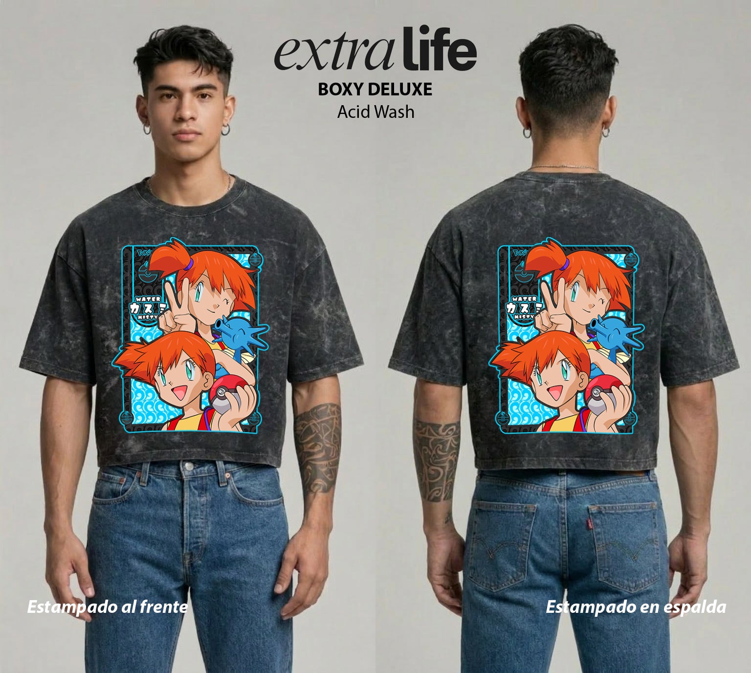 Playera streetwear premium de anime y gaming ExtraLife MX, corte boxy deluxe mineral wash heavyweight en color Acid Wash, moda urbana mexicana de culto.