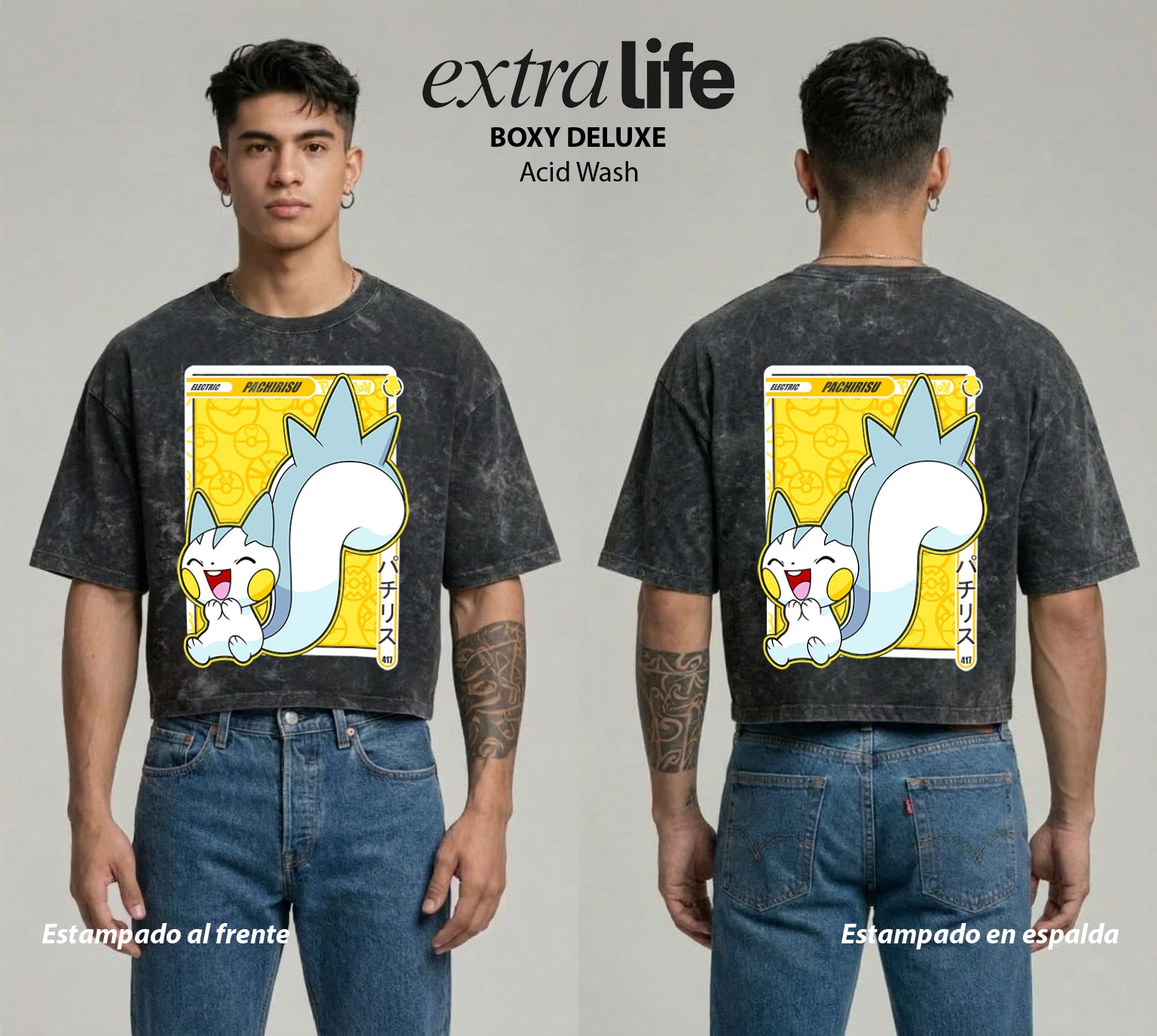 Playera streetwear premium de anime y gaming ExtraLife MX, corte boxy deluxe mineral wash heavyweight en color Acid Wash, moda urbana mexicana de culto.