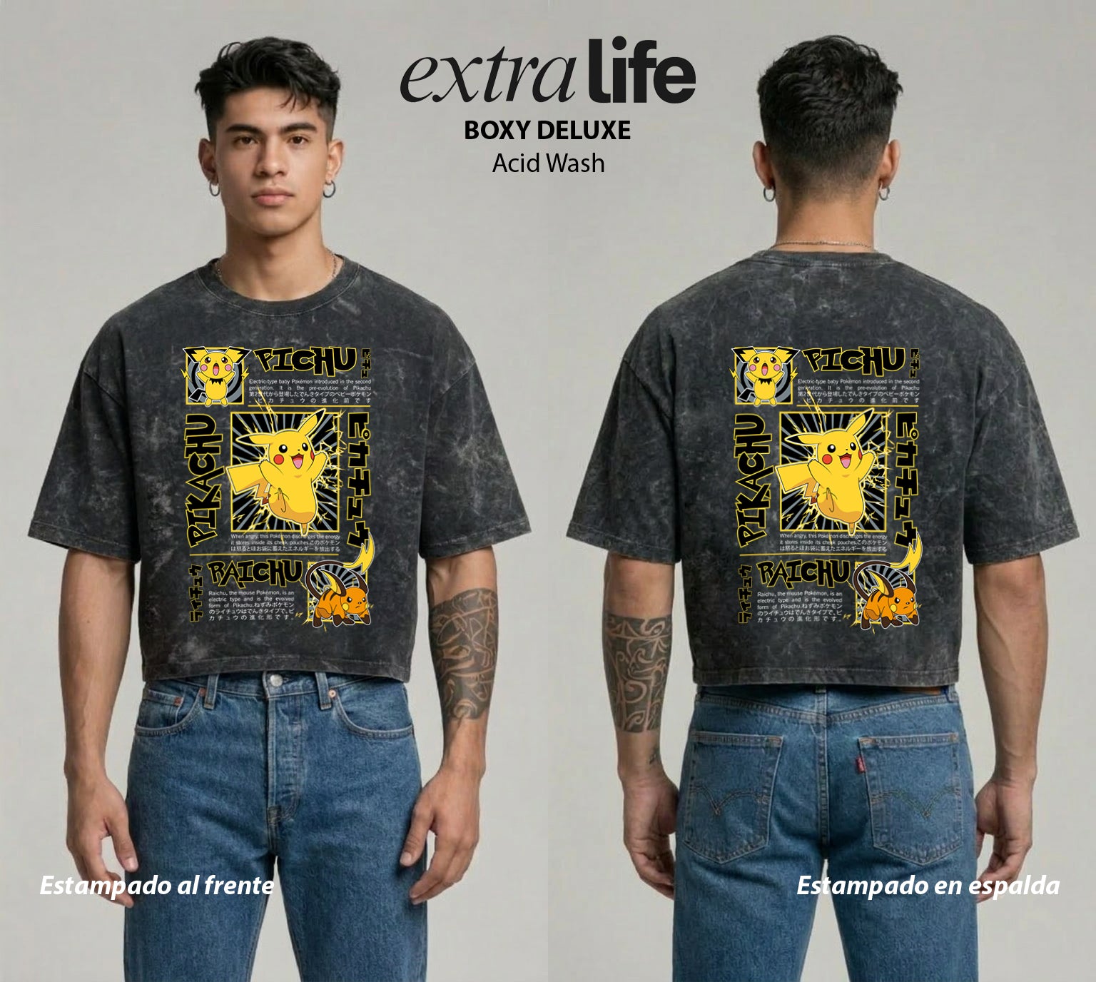 Playera streetwear premium de anime y gaming ExtraLife MX, corte boxy deluxe mineral wash heavyweight en color Acid Wash, moda urbana mexicana de culto.