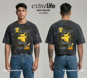Playera streetwear premium de anime y gaming ExtraLife MX, corte boxy deluxe mineral wash heavyweight en color Acid Wash, moda urbana mexicana de culto.